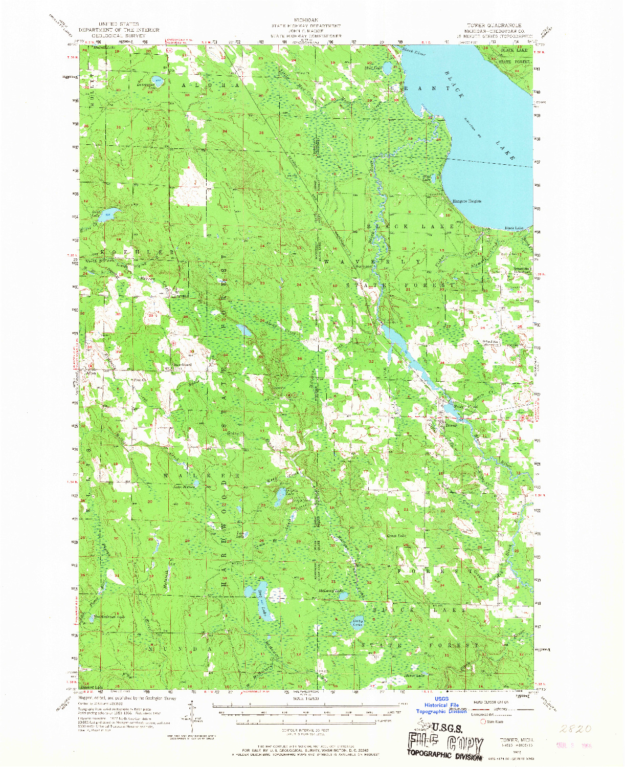 USGS 1:62500-SCALE QUADRANGLE FOR TOWER, MI 1957