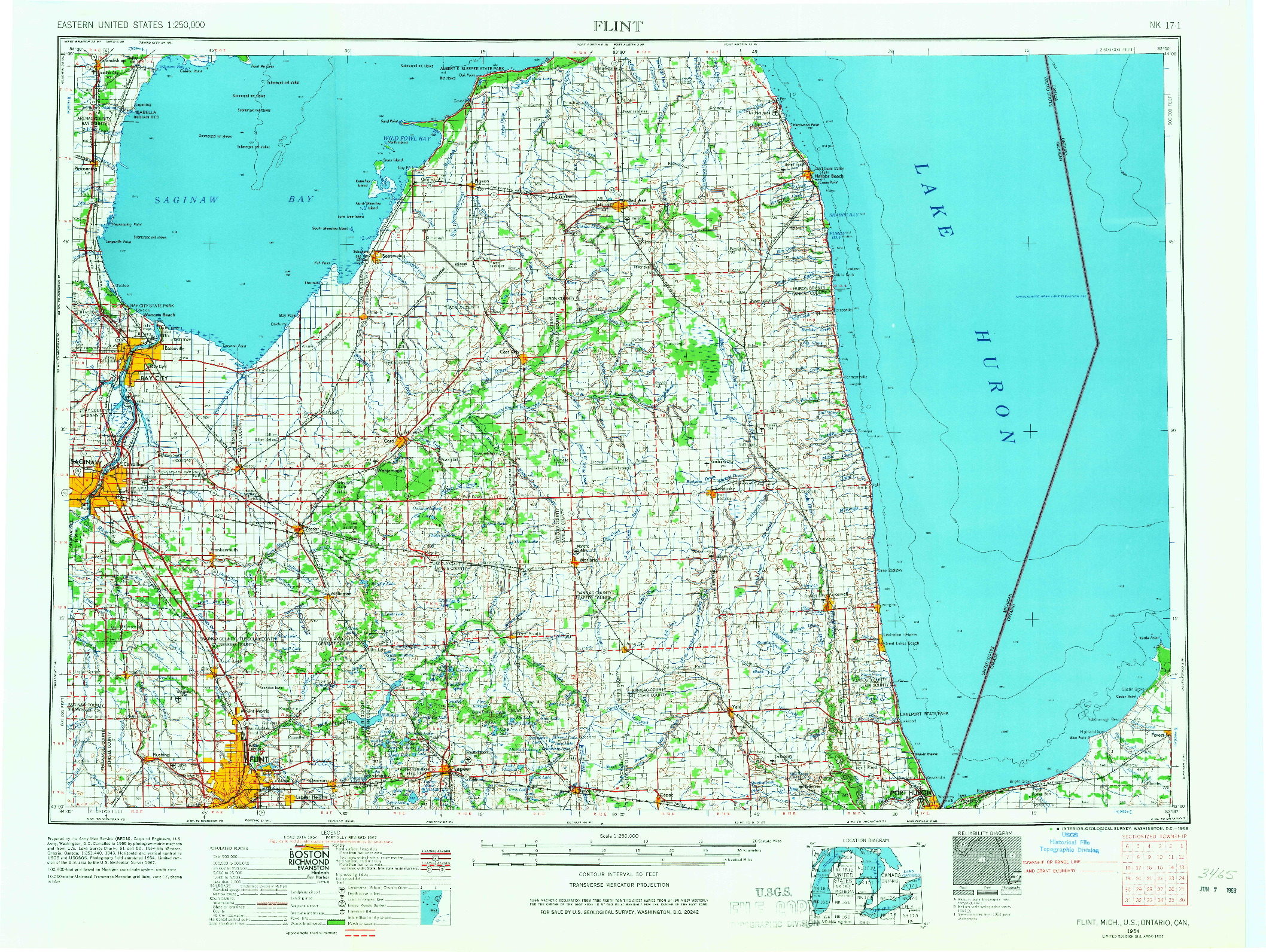 USGS 1:250000-SCALE QUADRANGLE FOR FLINT, MI 1954