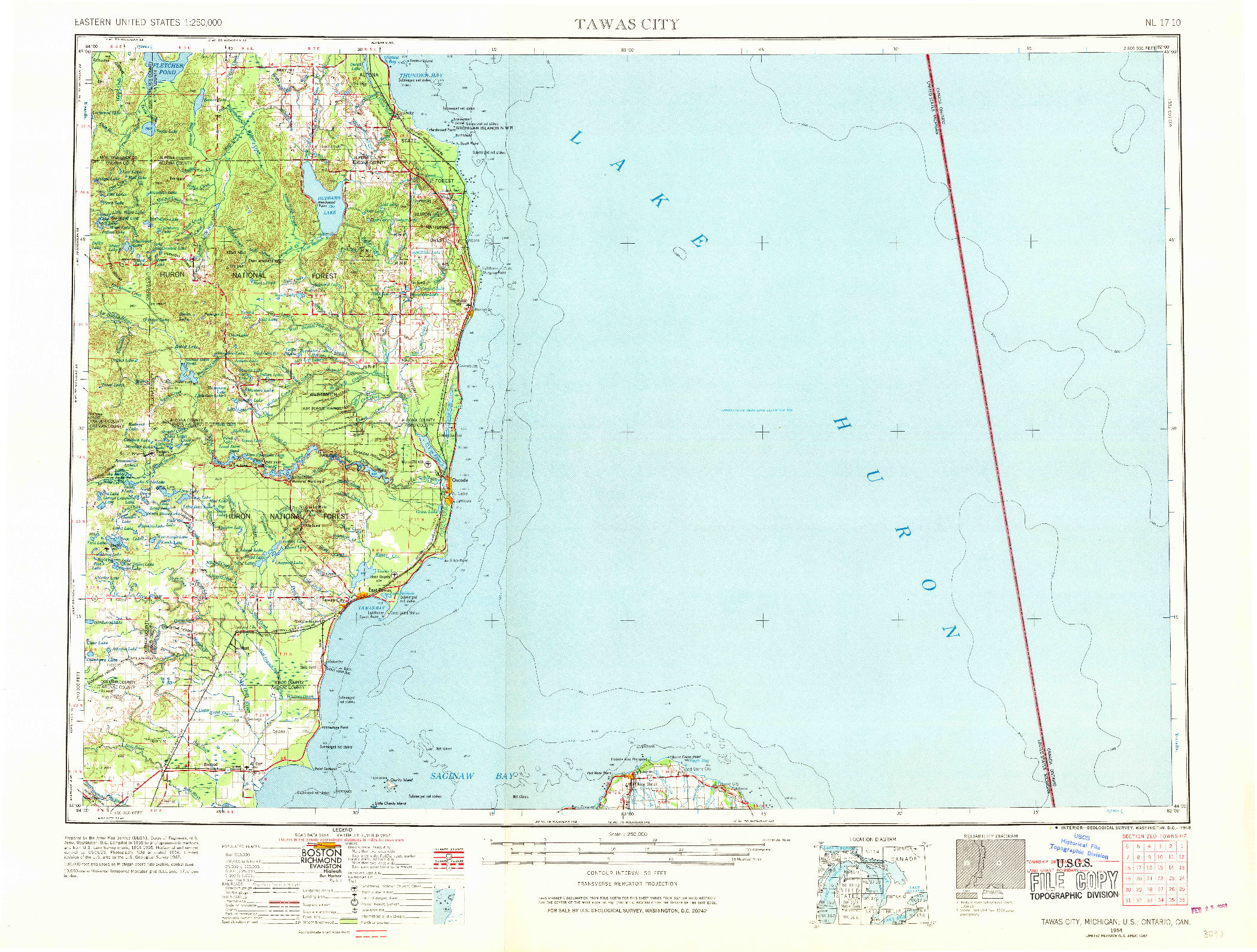 USGS 1:250000-SCALE QUADRANGLE FOR TAWAS CITY, MI 1954