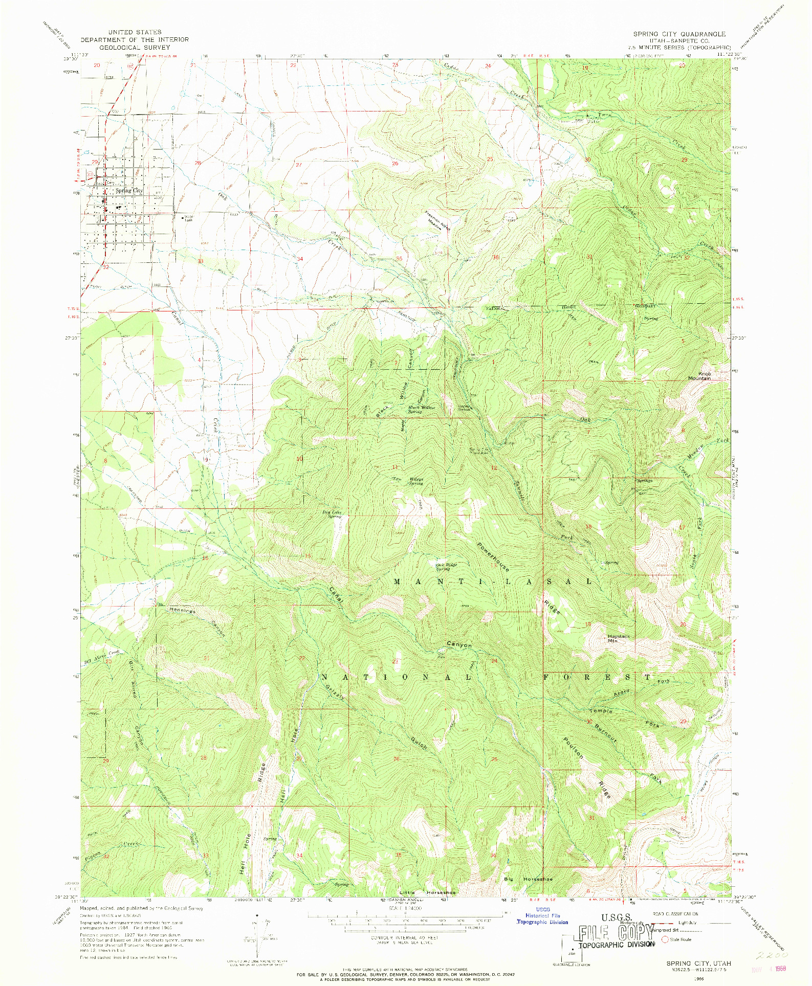 USGS 1:24000-SCALE QUADRANGLE FOR SPRING CITY, UT 1966