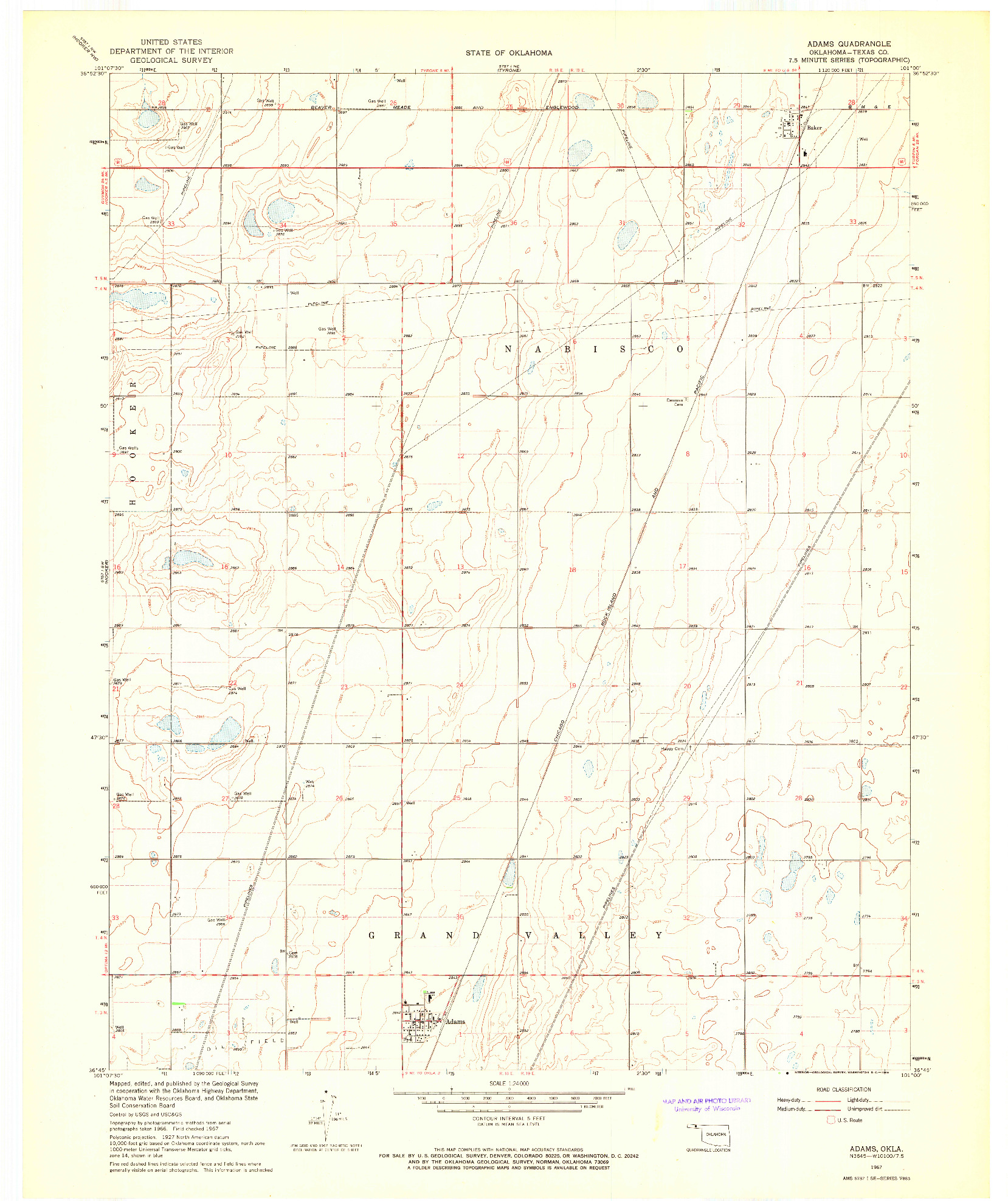 USGS 1:24000-SCALE QUADRANGLE FOR ADAMS, OK 1967