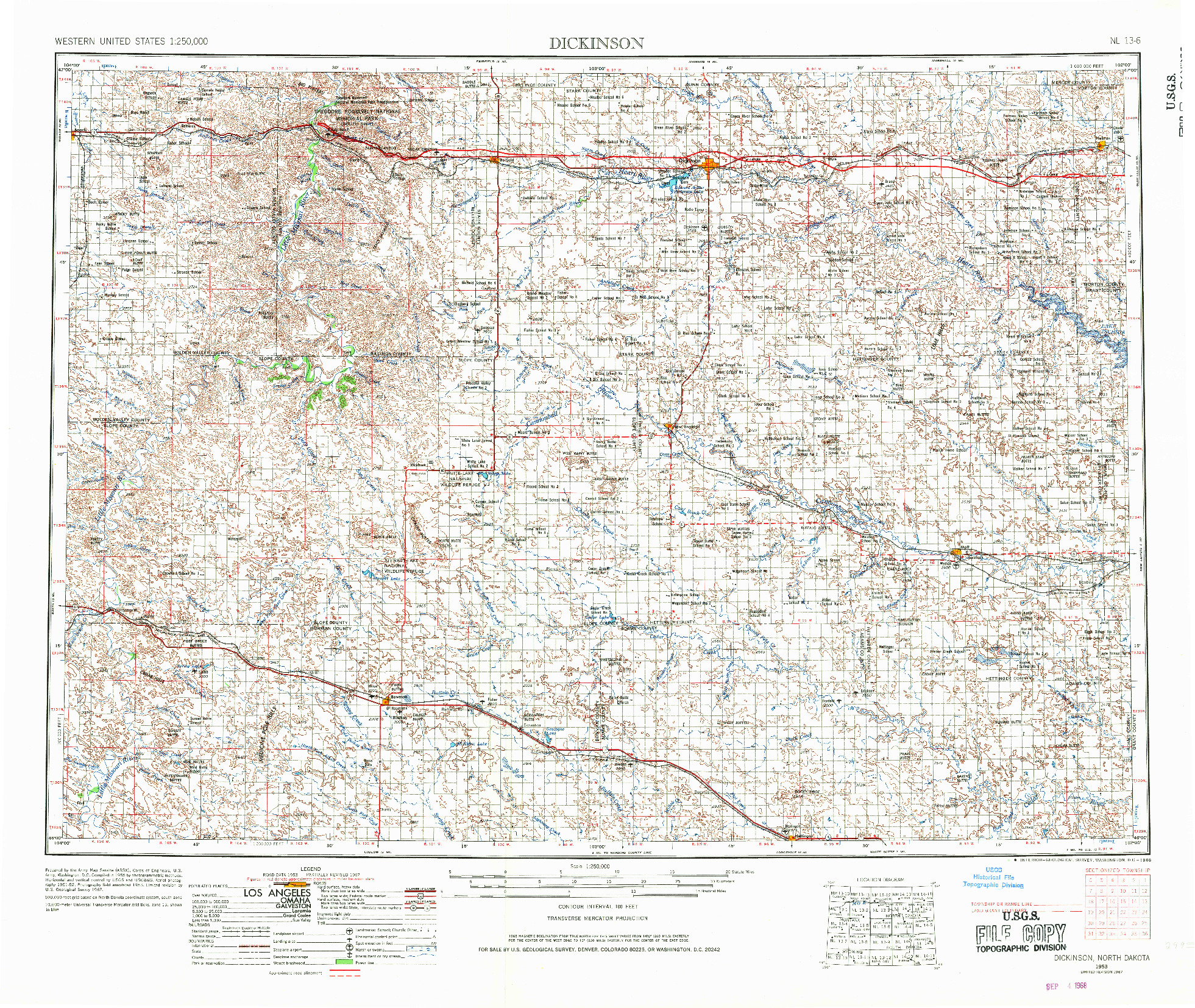 USGS 1:250000-SCALE QUADRANGLE FOR DICKINSON, ND 1953