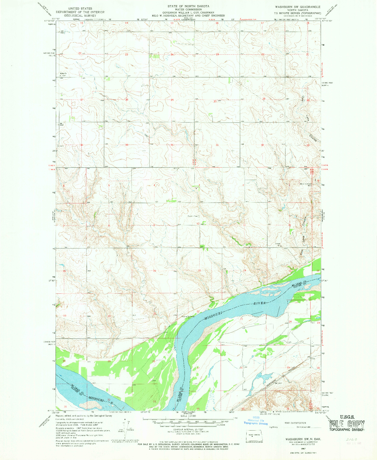 USGS 1:24000-SCALE QUADRANGLE FOR WASHBURN SW, ND 1967