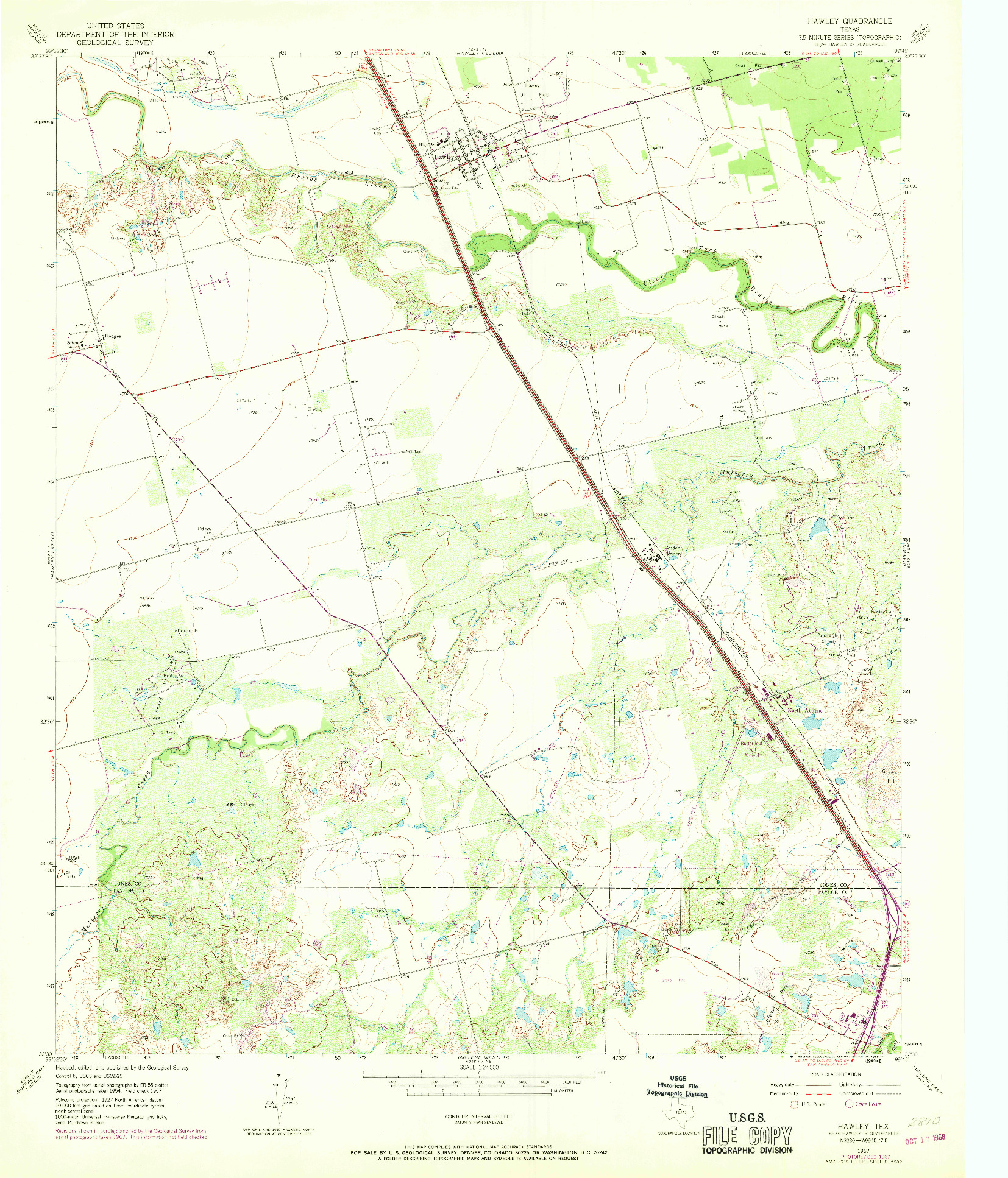 USGS 1:24000-SCALE QUADRANGLE FOR HAWLEY, TX 1957