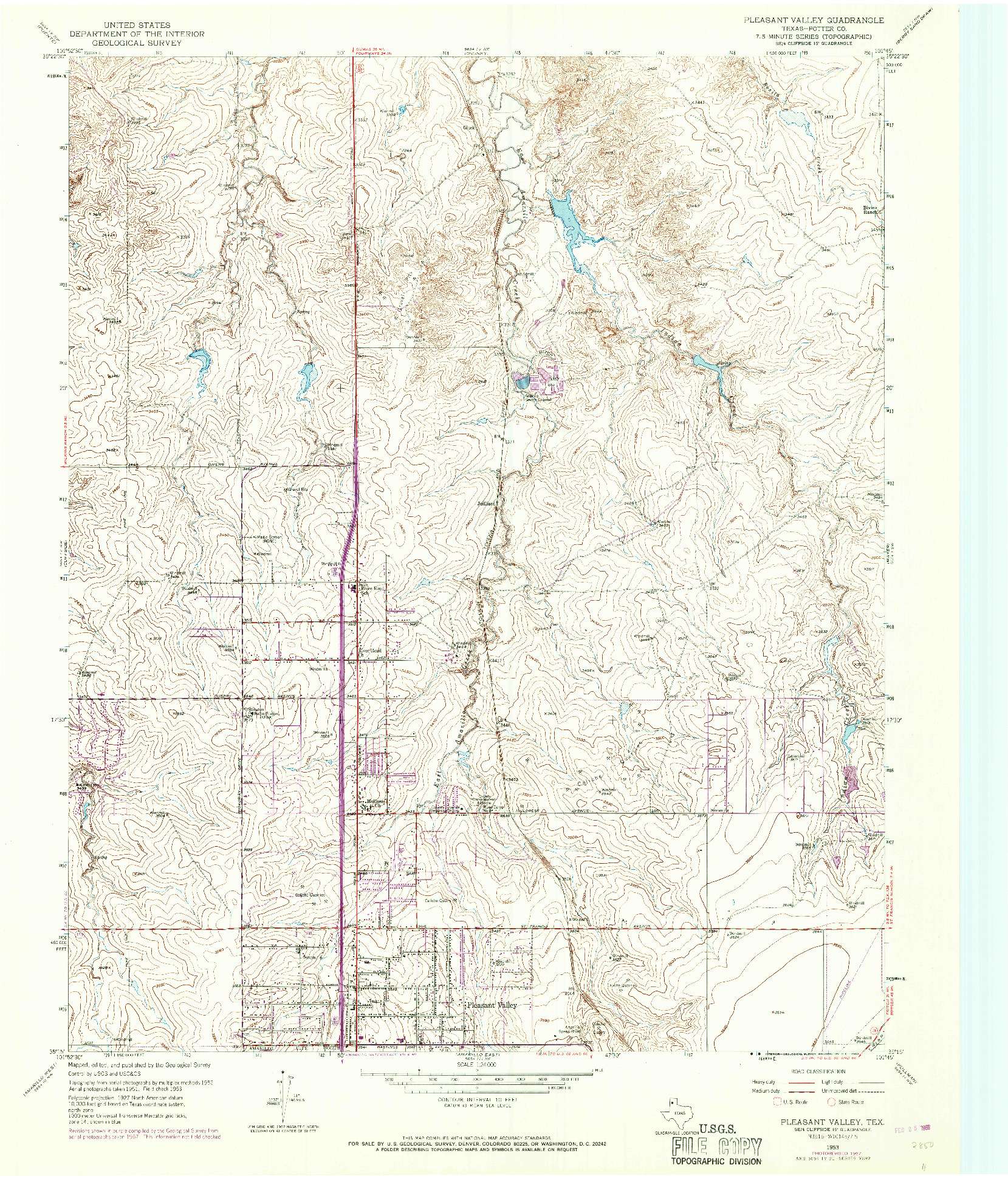 USGS 1:24000-SCALE QUADRANGLE FOR PLEASANT VALLEY, TX 1953