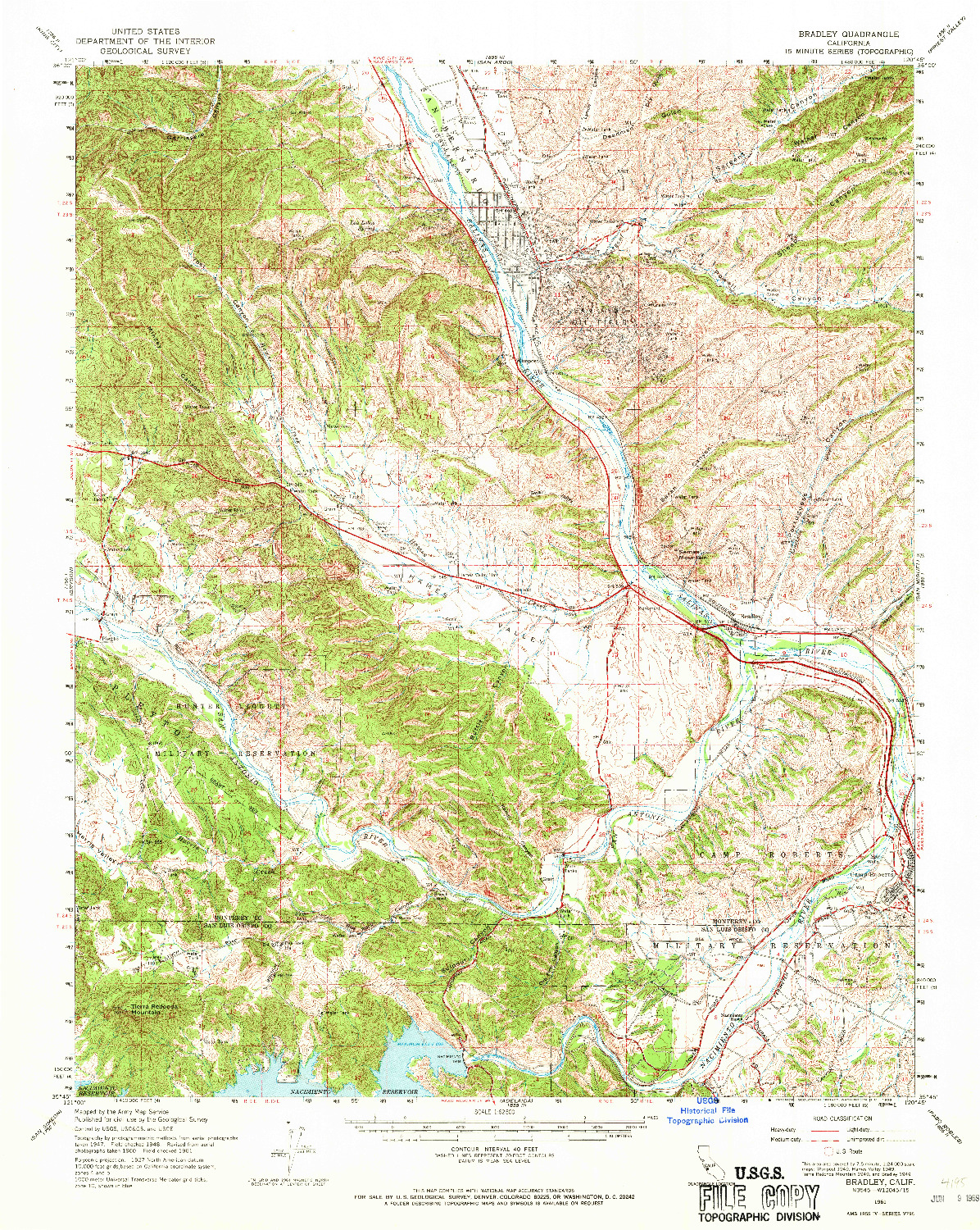 USGS 1:62500-SCALE QUADRANGLE FOR BRADLEY, CA 1961