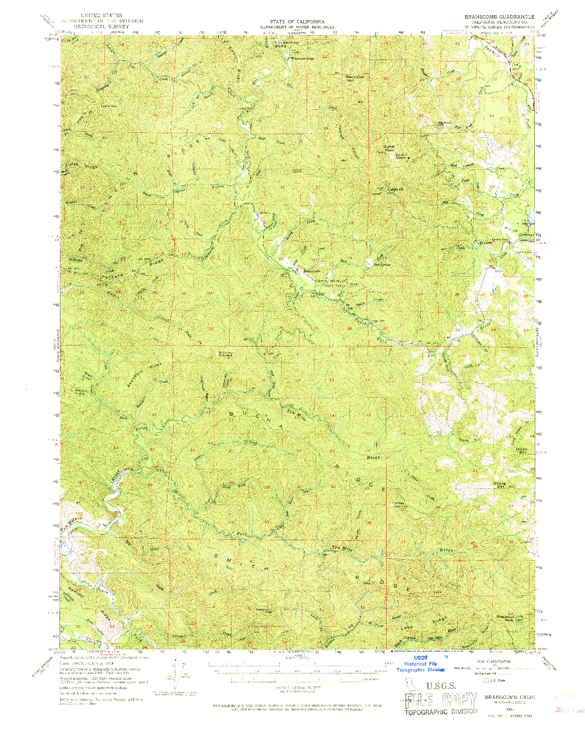 USGS 1:62500-SCALE QUADRANGLE FOR BRANSCOMB, CA 1951