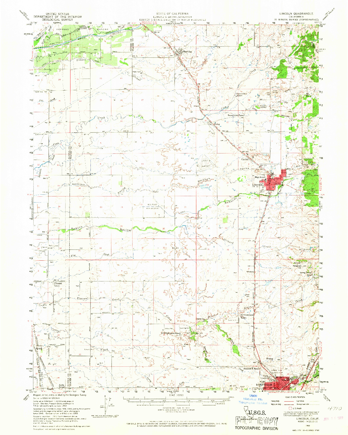 USGS 1:62500-SCALE QUADRANGLE FOR LINCOLN, CA 1953