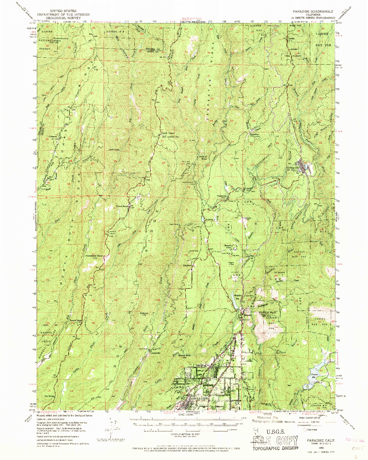 USGS 1:62500-SCALE QUADRANGLE FOR PARADISE, CA 1953