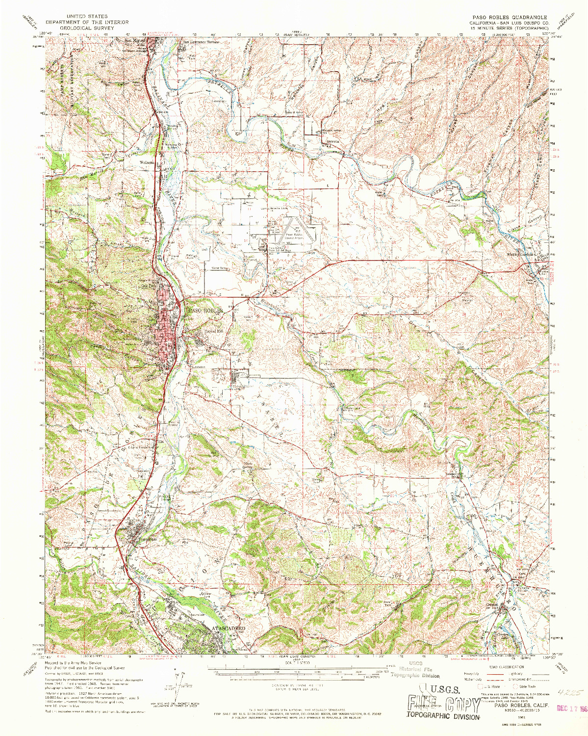 USGS 1:62500-SCALE QUADRANGLE FOR PASO ROBLES, CA 1961