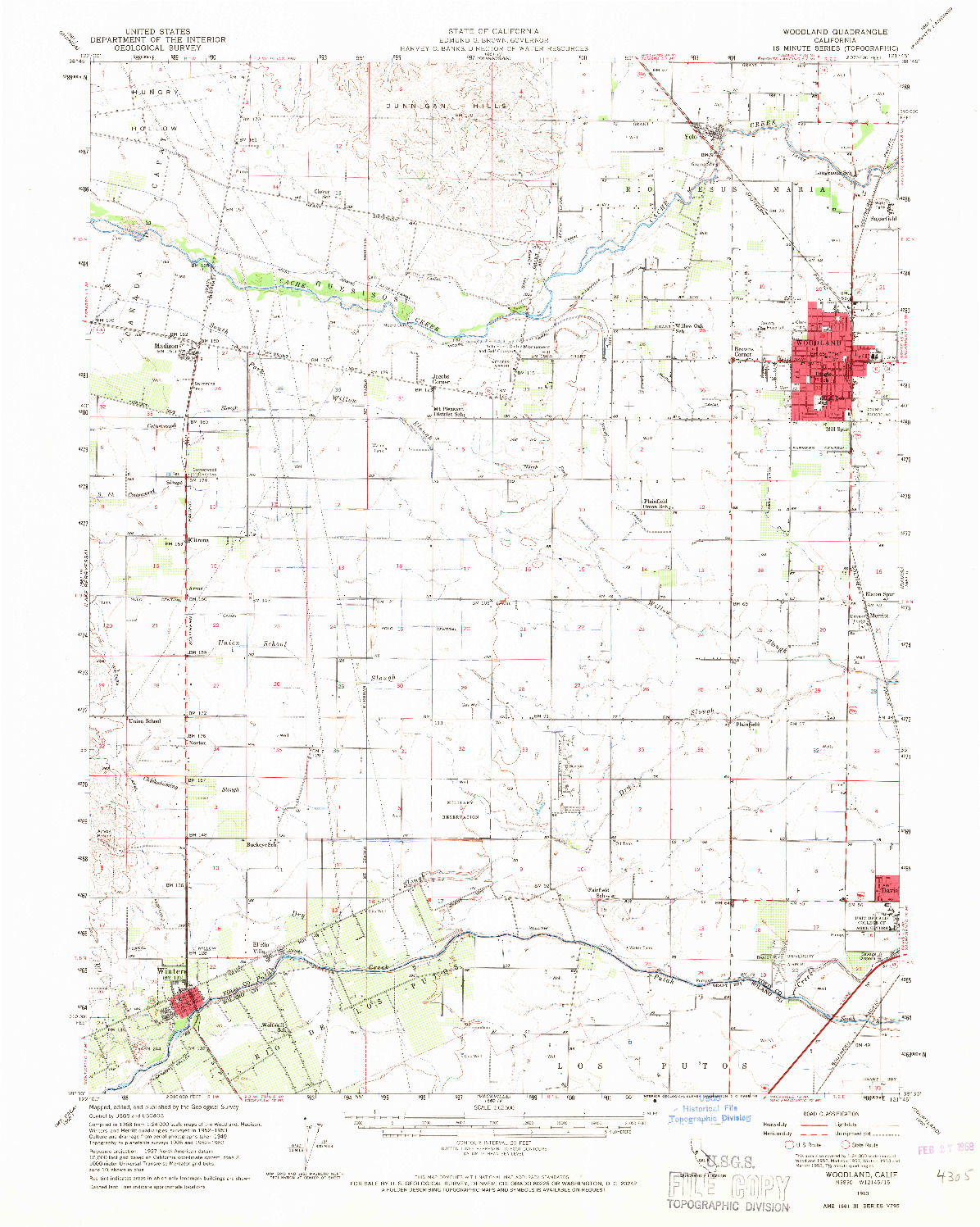 USGS 1:62500-SCALE QUADRANGLE FOR WOODLAND, CA 1953