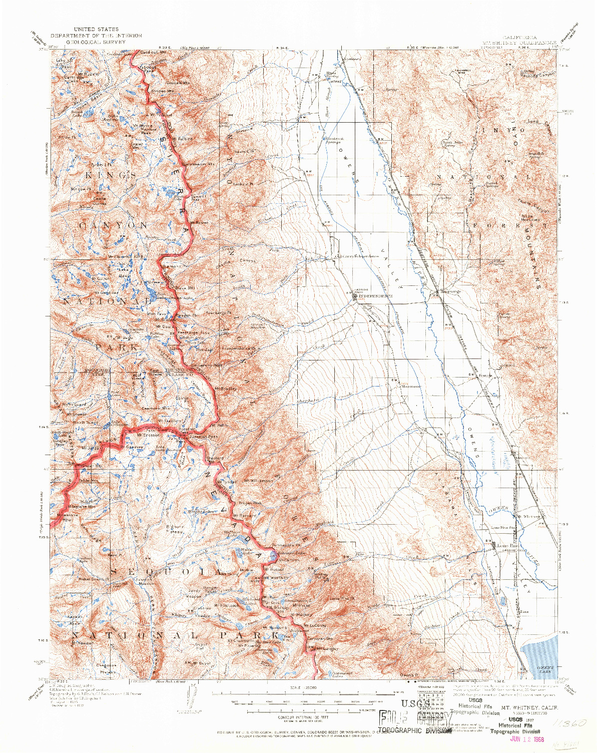 USGS 1:125000-SCALE QUADRANGLE FOR MT. WHITNEY, CA 1937