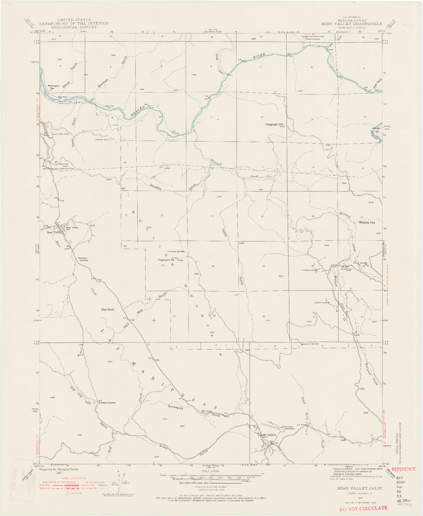 USGS 1:24000-SCALE QUADRANGLE FOR BEAR VALLEY, CA 1947