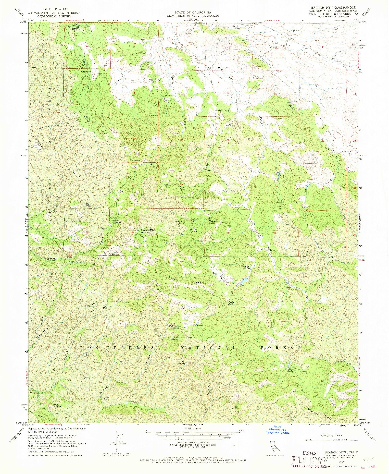 USGS 1:24000-SCALE QUADRANGLE FOR BRANCH MTN, CA 1967