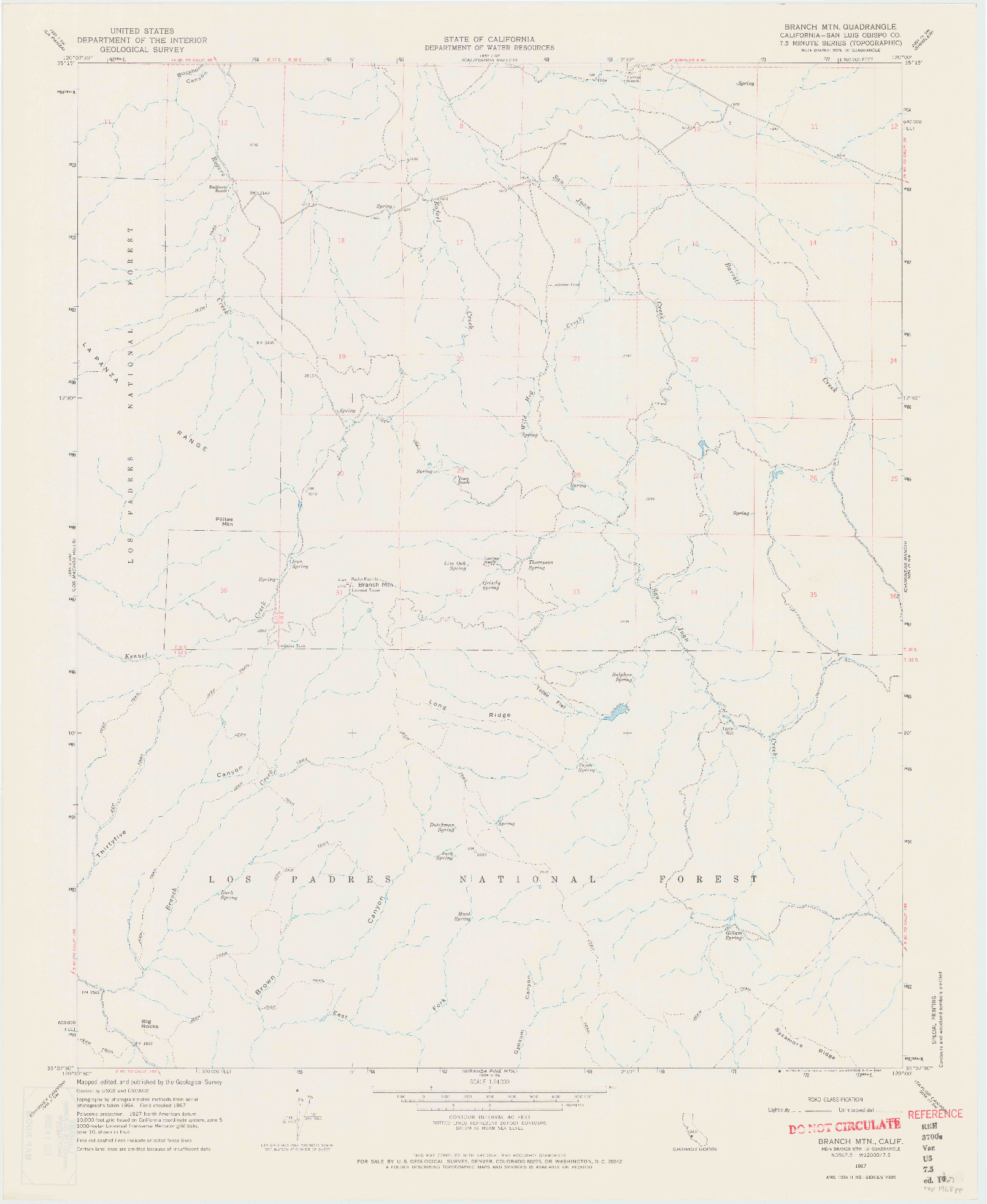 USGS 1:24000-SCALE QUADRANGLE FOR BRANCH MTN, CA 1967