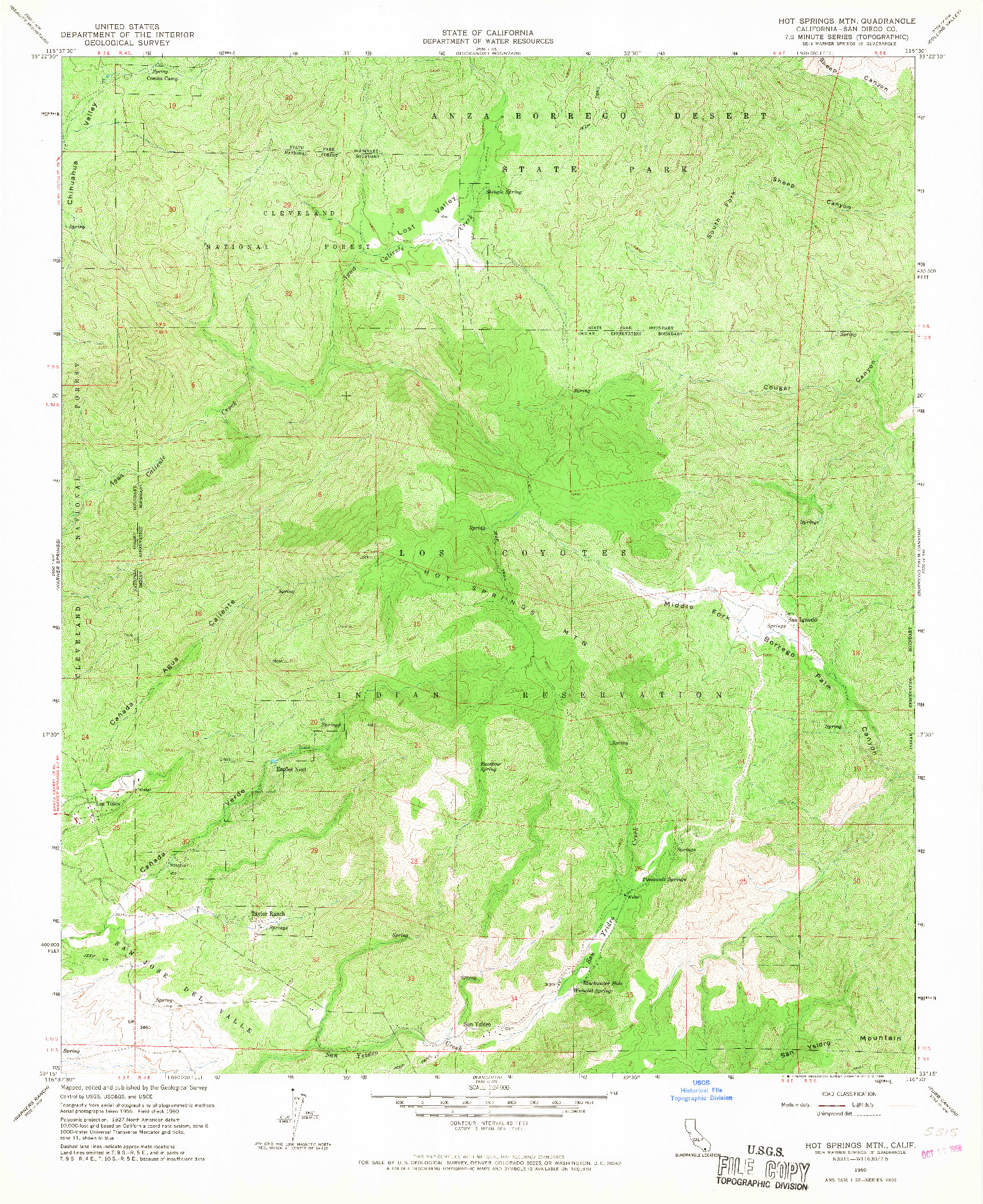 USGS 1:24000-SCALE QUADRANGLE FOR HOT SPRINGS MTN., CA 1960