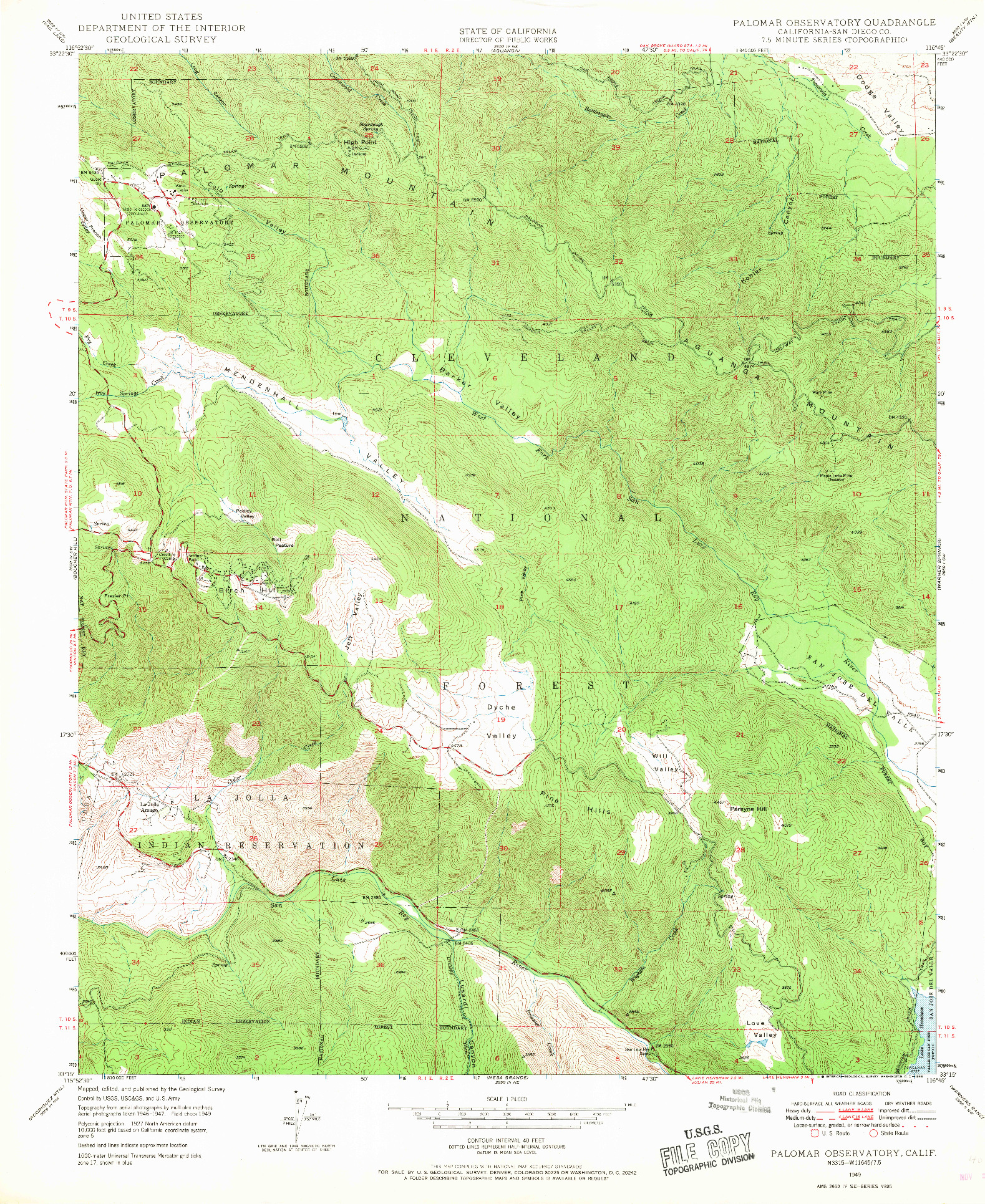 USGS 1:24000-SCALE QUADRANGLE FOR PALOMAR OBSERVATORY, CA 1949