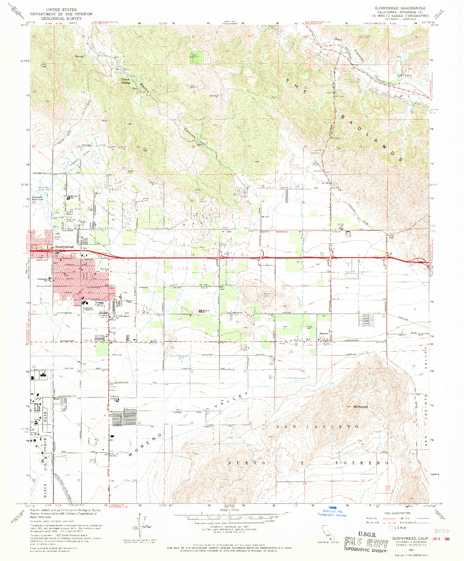 USGS 1:24000-SCALE QUADRANGLE FOR SUNNYMEAD, CA 1967