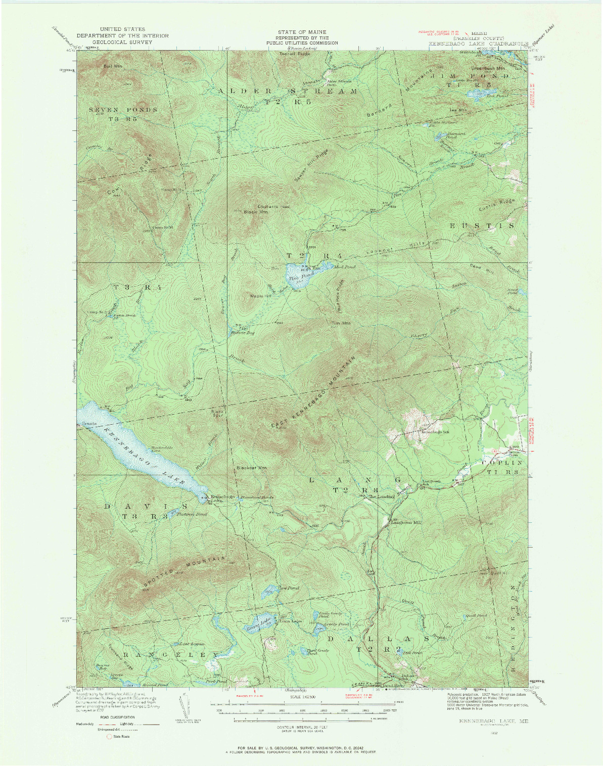USGS 1:62500-SCALE QUADRANGLE FOR KENNEBAGO LAKE, ME 1932