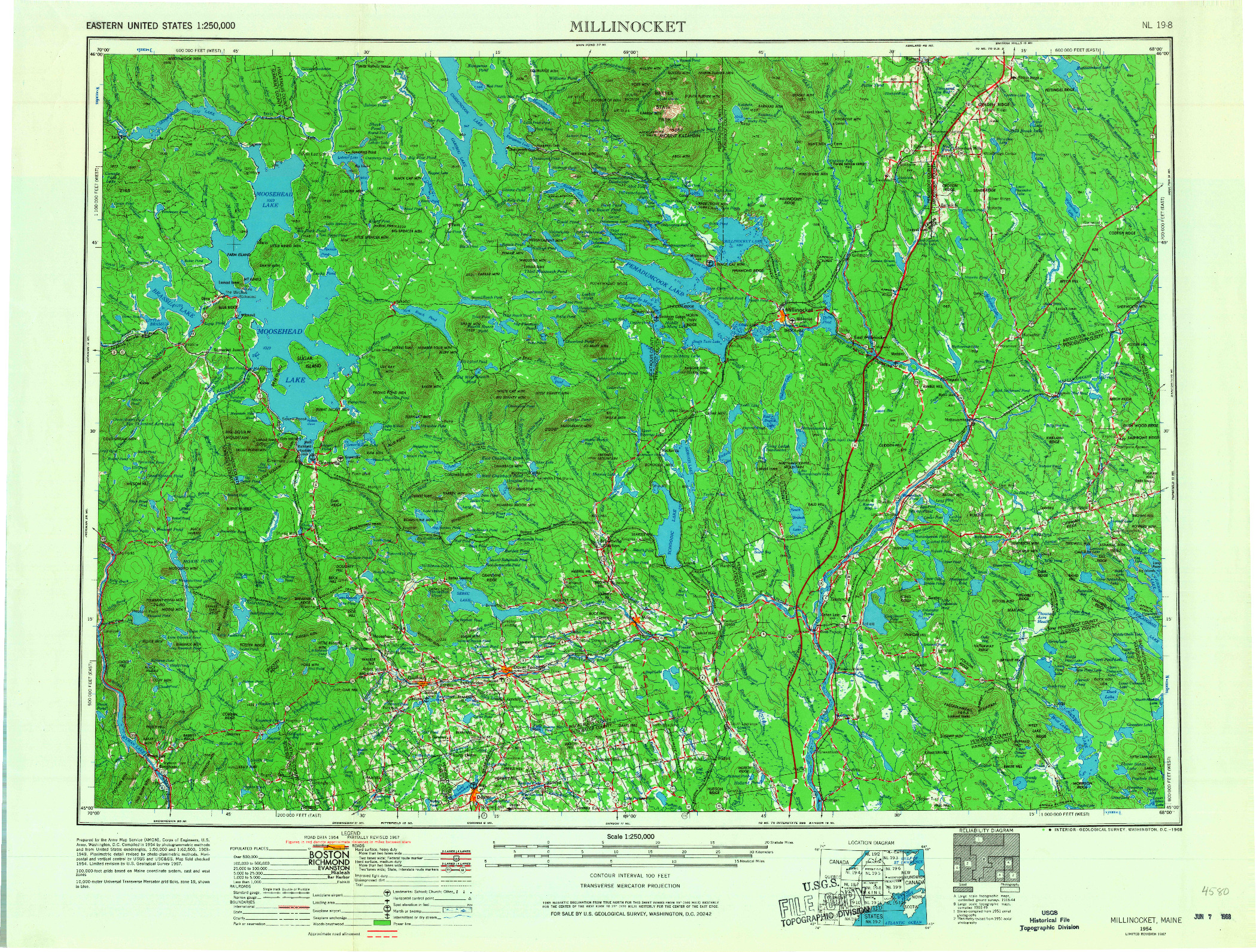 USGS 1:250000-SCALE QUADRANGLE FOR MILLINOCKET, ME 1954