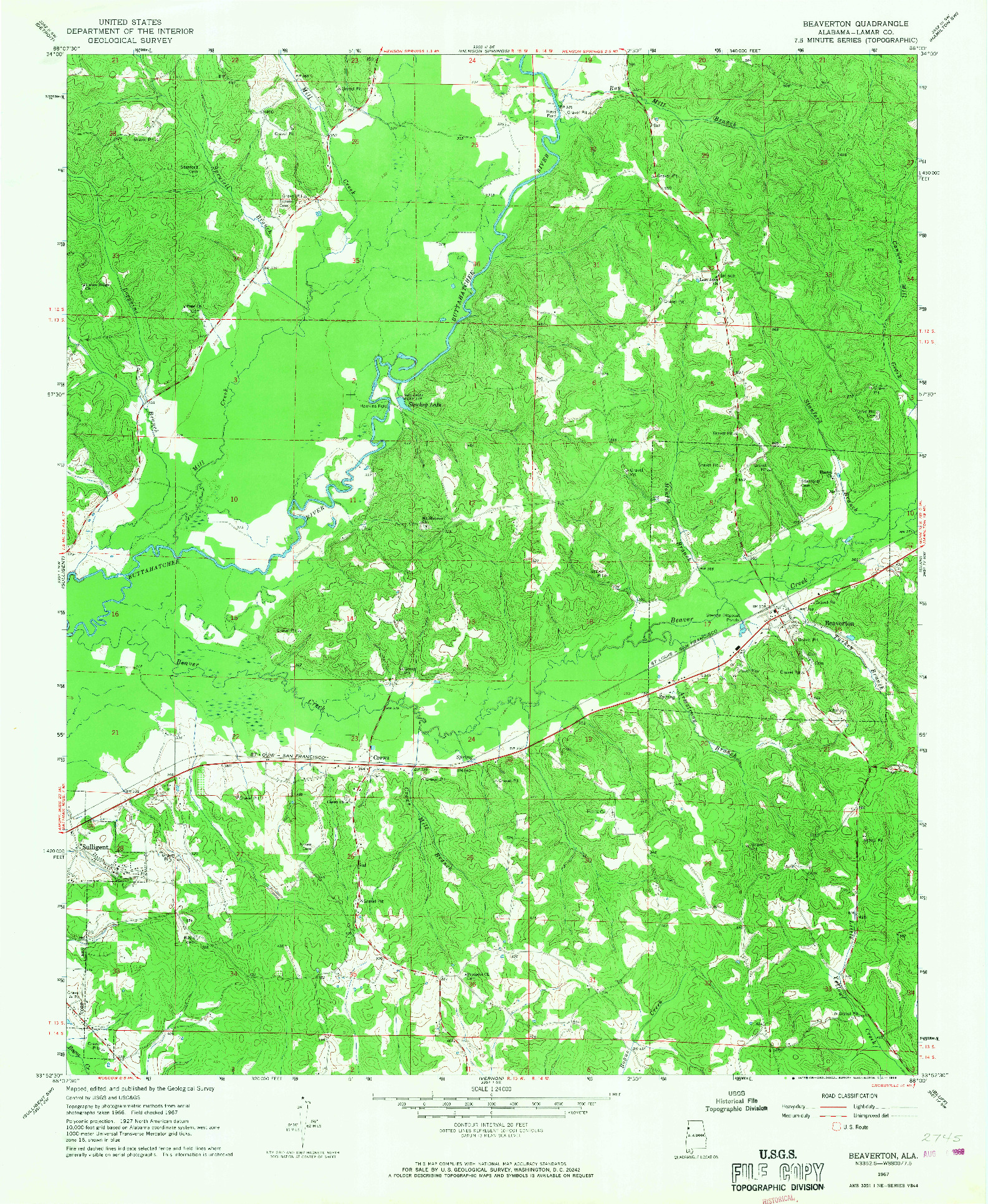 USGS 1:24000-SCALE QUADRANGLE FOR BEAVERTON, AL 1967