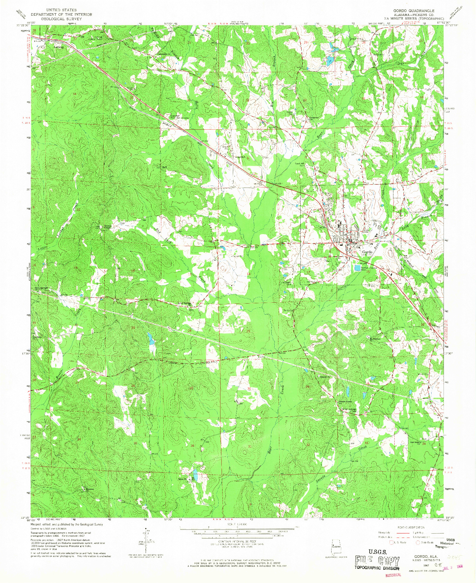 USGS 1:24000-SCALE QUADRANGLE FOR GORDO, AL 1967