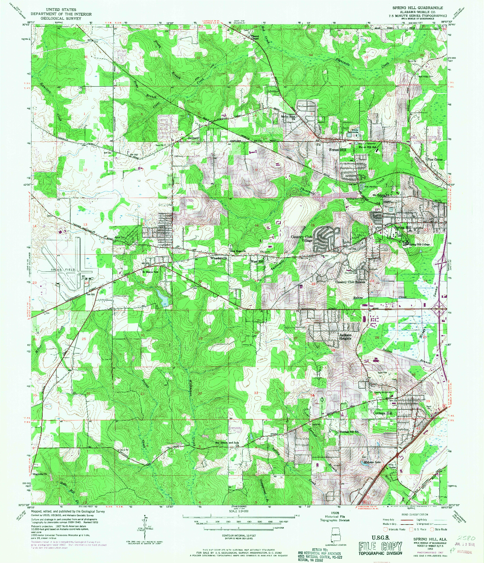 USGS 1:24000-SCALE QUADRANGLE FOR SPRING HILL, AL 1953