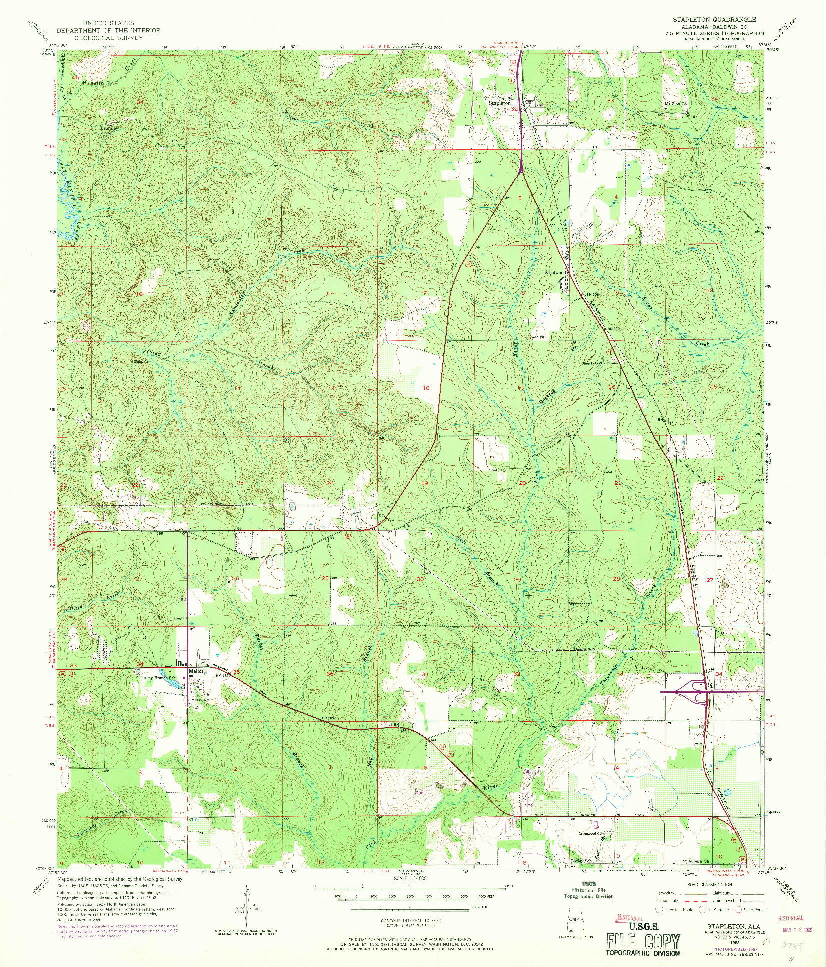 USGS 1:24000-SCALE QUADRANGLE FOR STAPLETON, AL 1953
