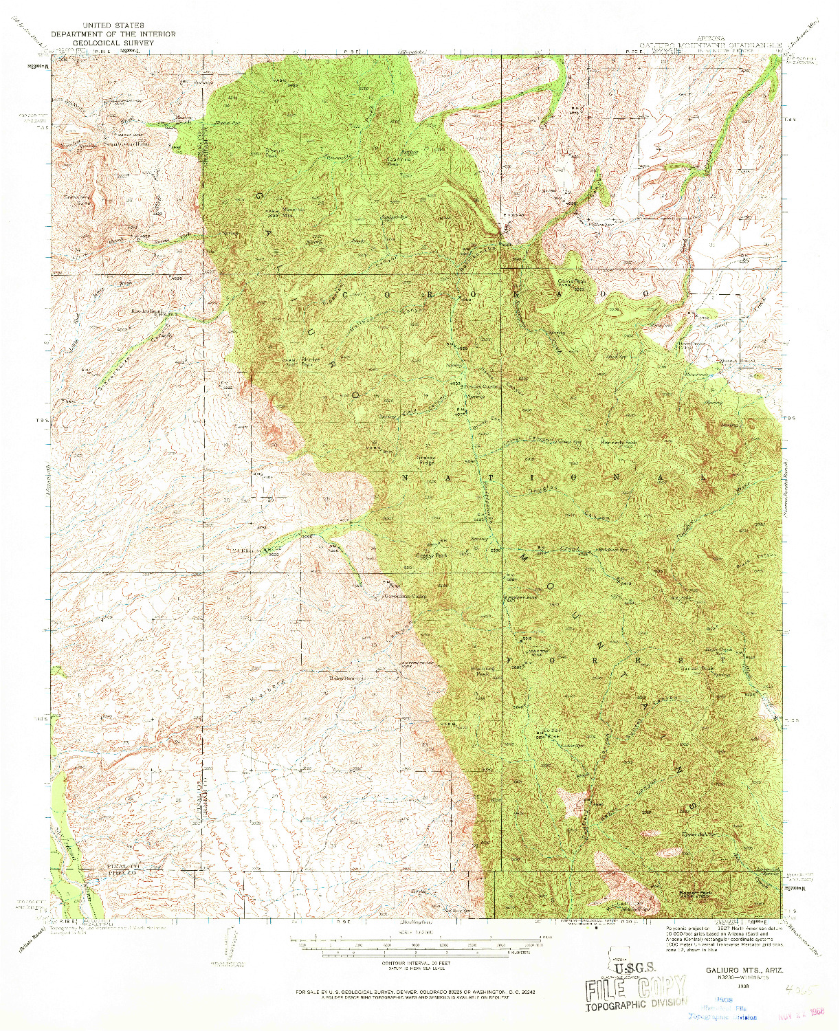 USGS 1:62500-SCALE QUADRANGLE FOR GALIURO MTS, AZ 1938