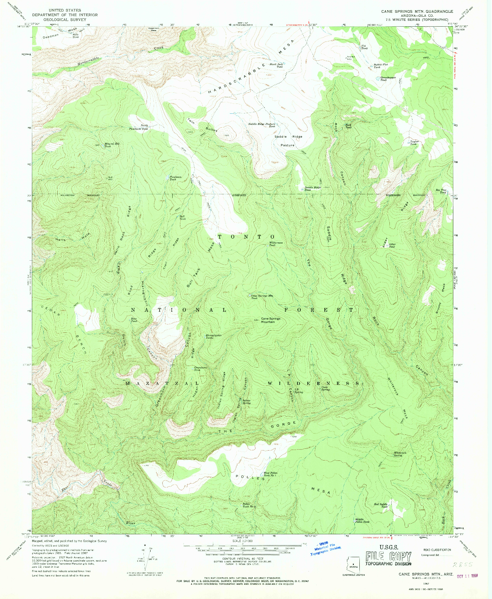 USGS 1:24000-SCALE QUADRANGLE FOR CANE SPRINGS MTN, AZ 1967