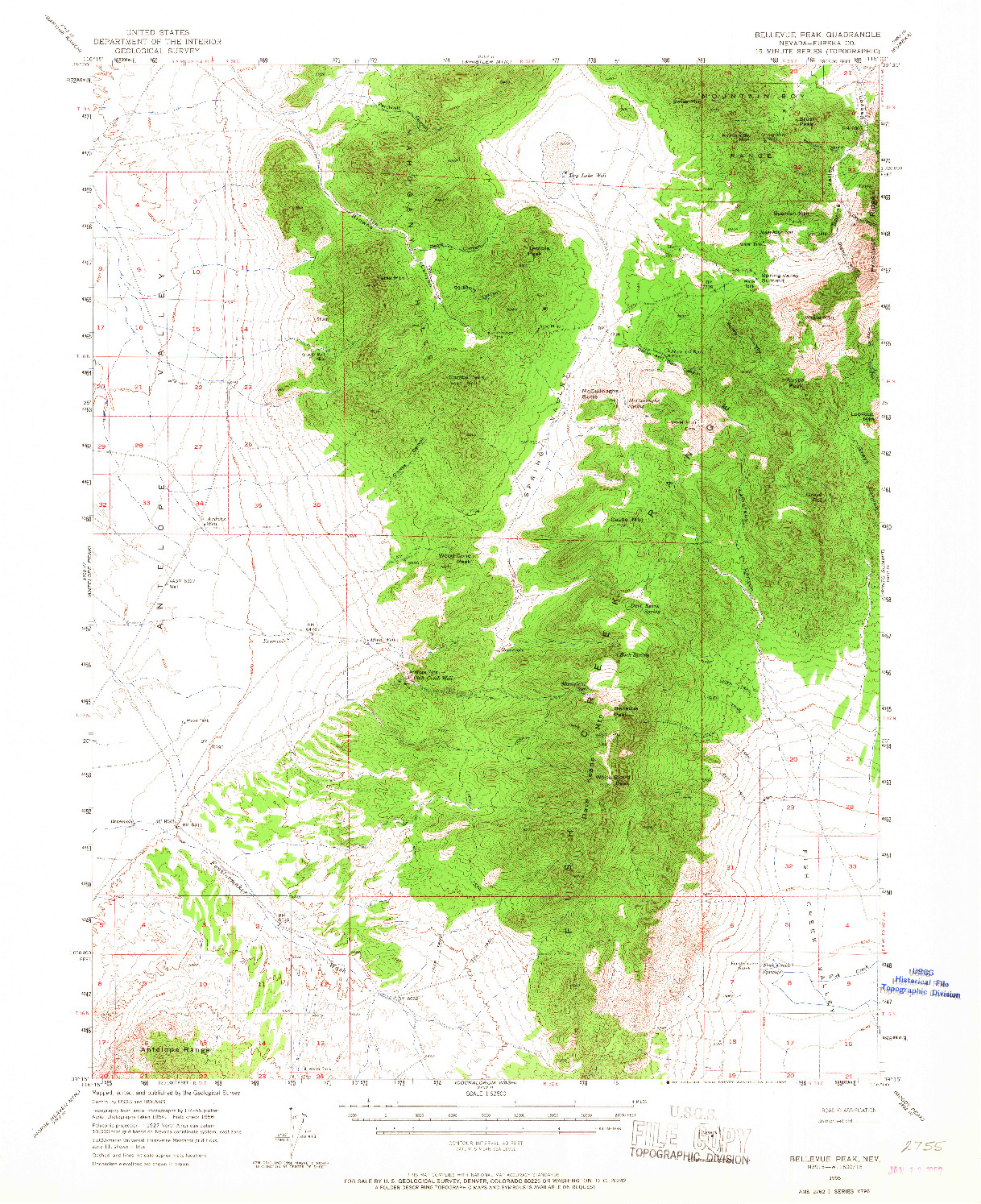 USGS 1:62500-SCALE QUADRANGLE FOR BELLEVUE PEAK, NV 1956