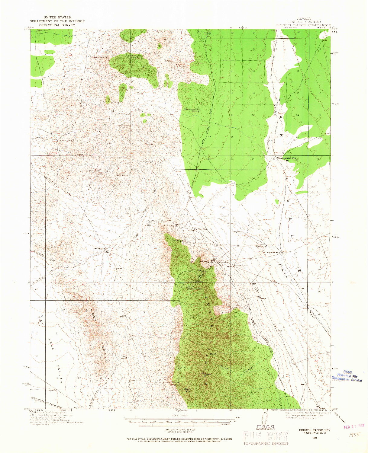 USGS 1:62500-SCALE QUADRANGLE FOR BRISTOL RANGE, NV 1915