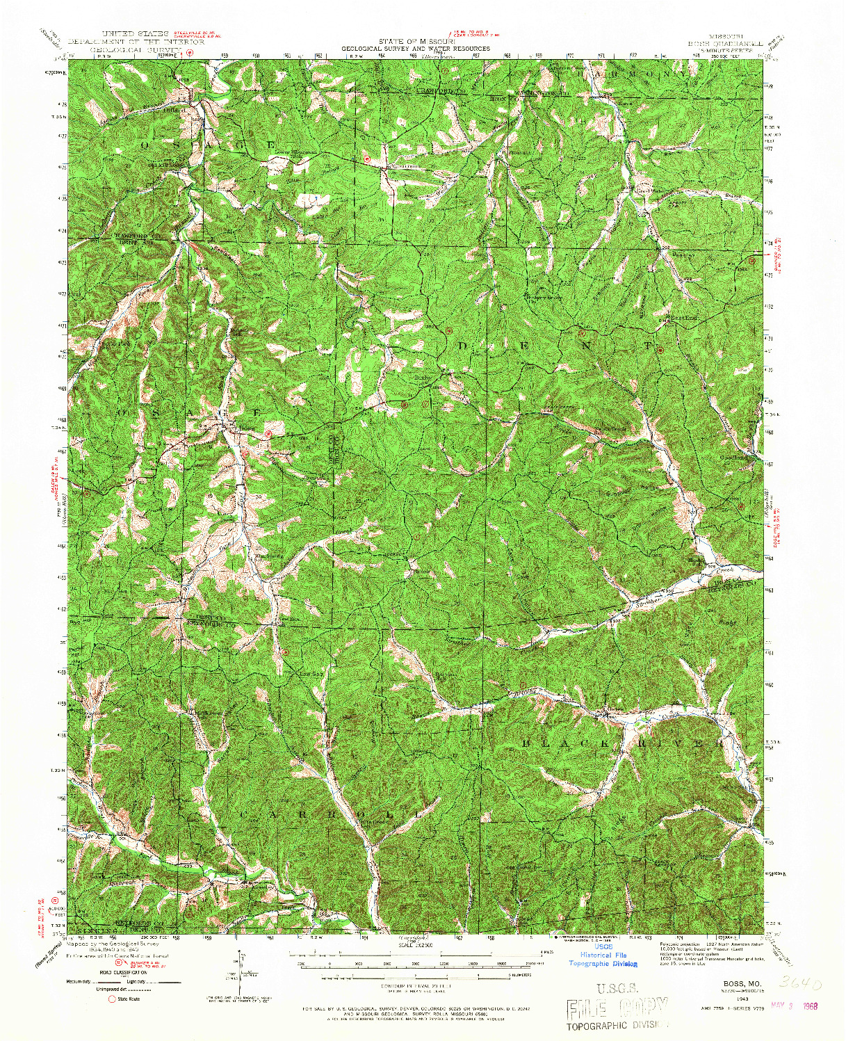 USGS 1:62500-SCALE QUADRANGLE FOR BOSS, MO 1943