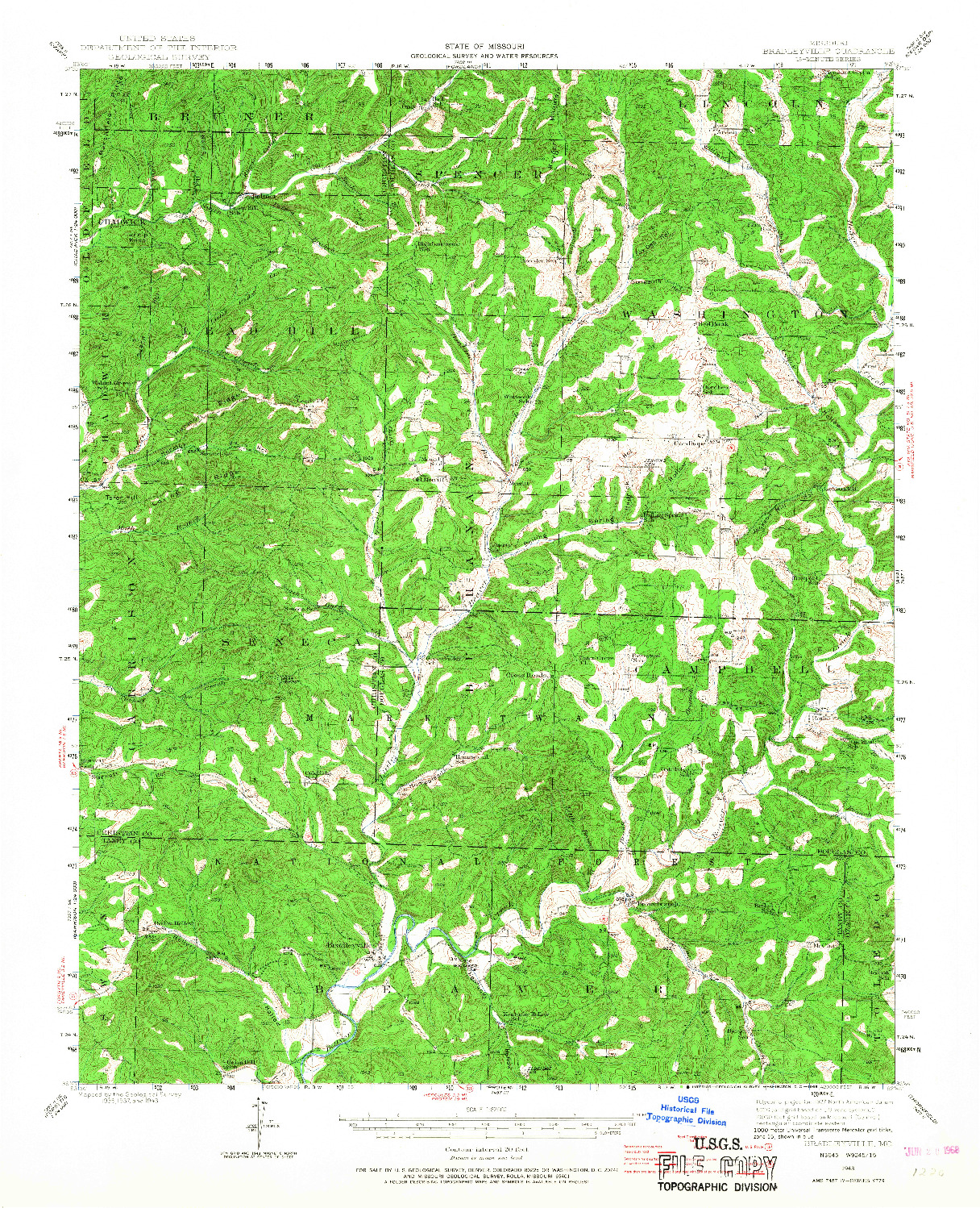 USGS 1:62500-SCALE QUADRANGLE FOR BRADLEYVILLE, MO 1943