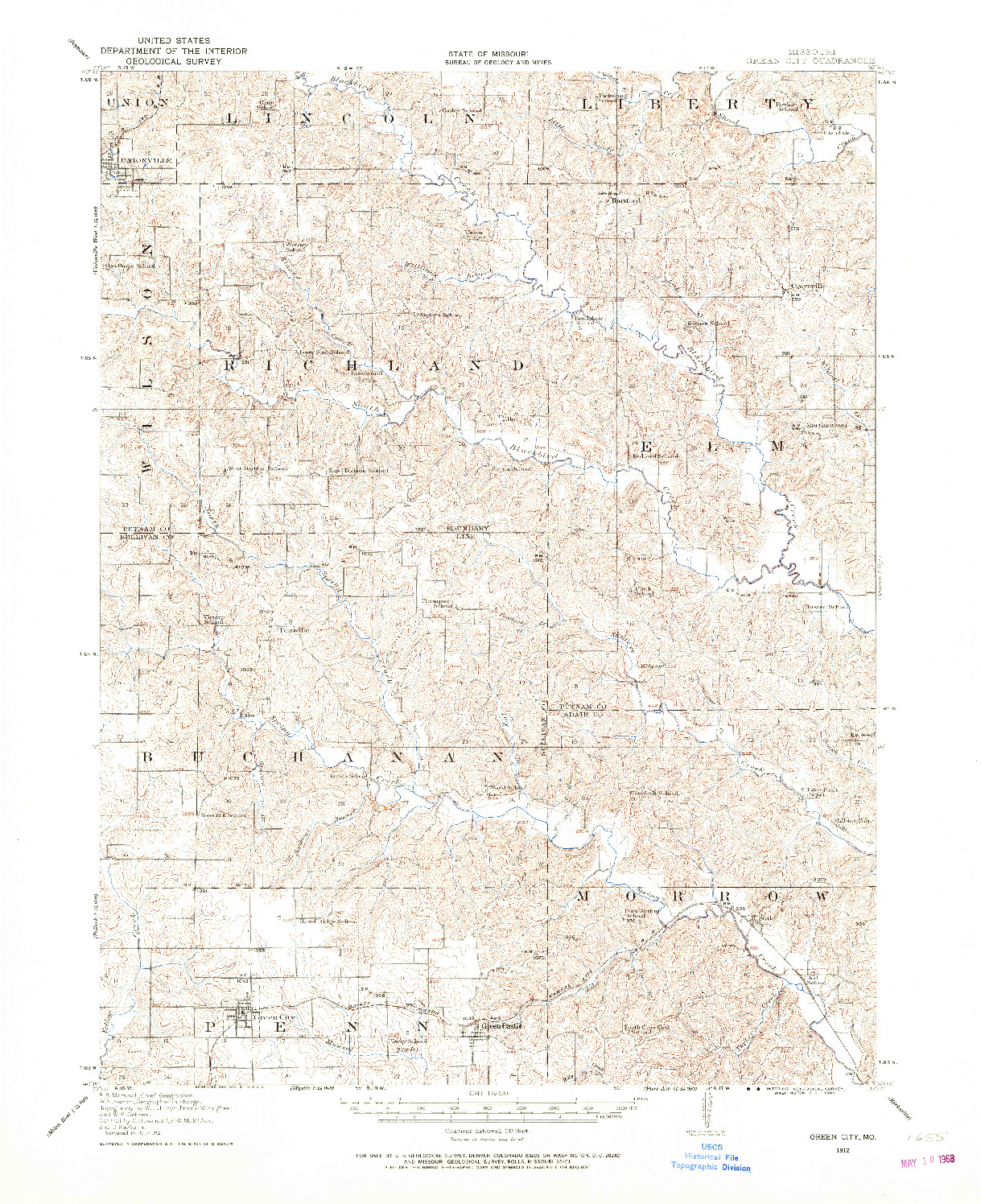 USGS 1:62500-SCALE QUADRANGLE FOR GREEN CITY, MO 1912