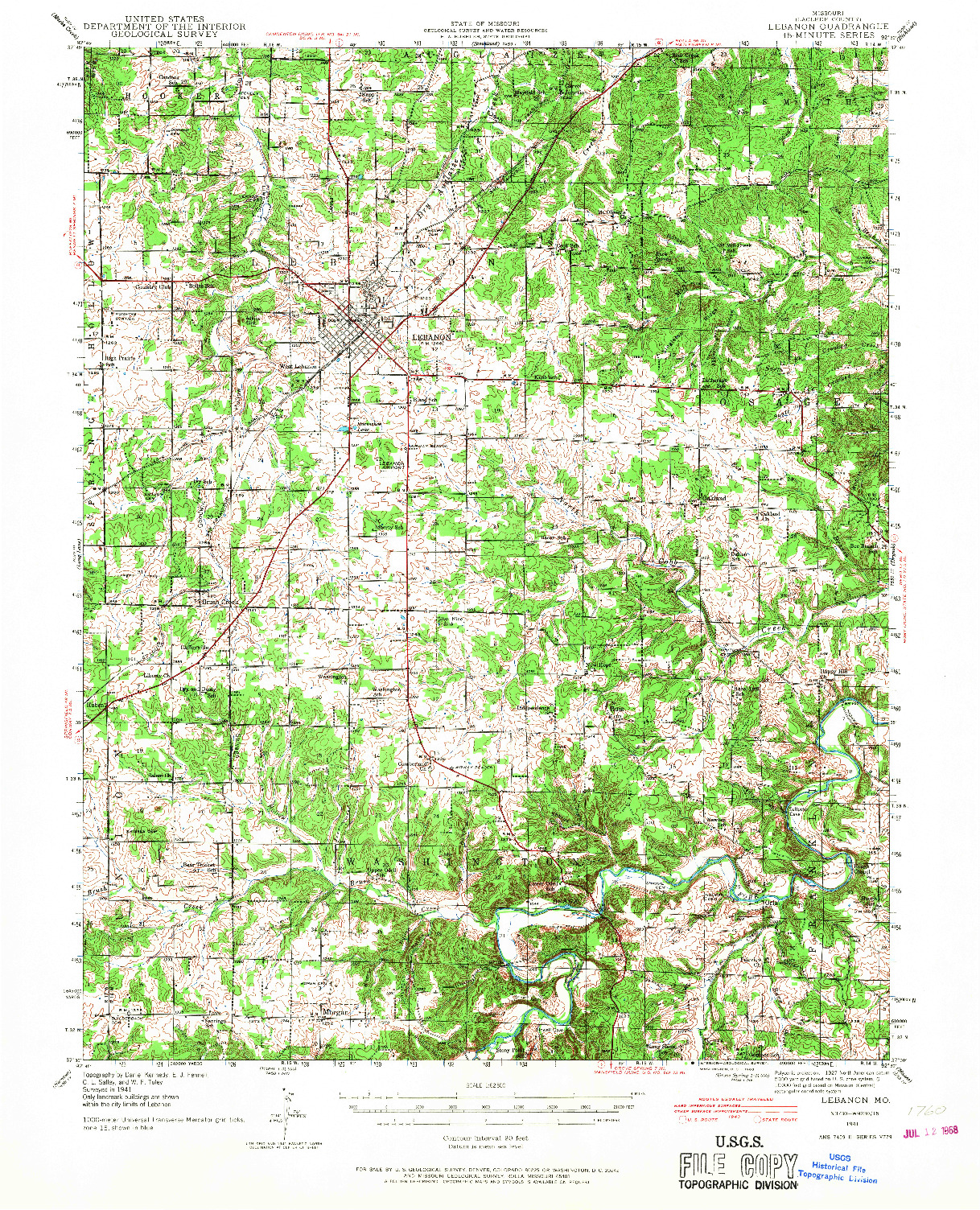 USGS 1:62500-SCALE QUADRANGLE FOR LEBANON, MO 1941