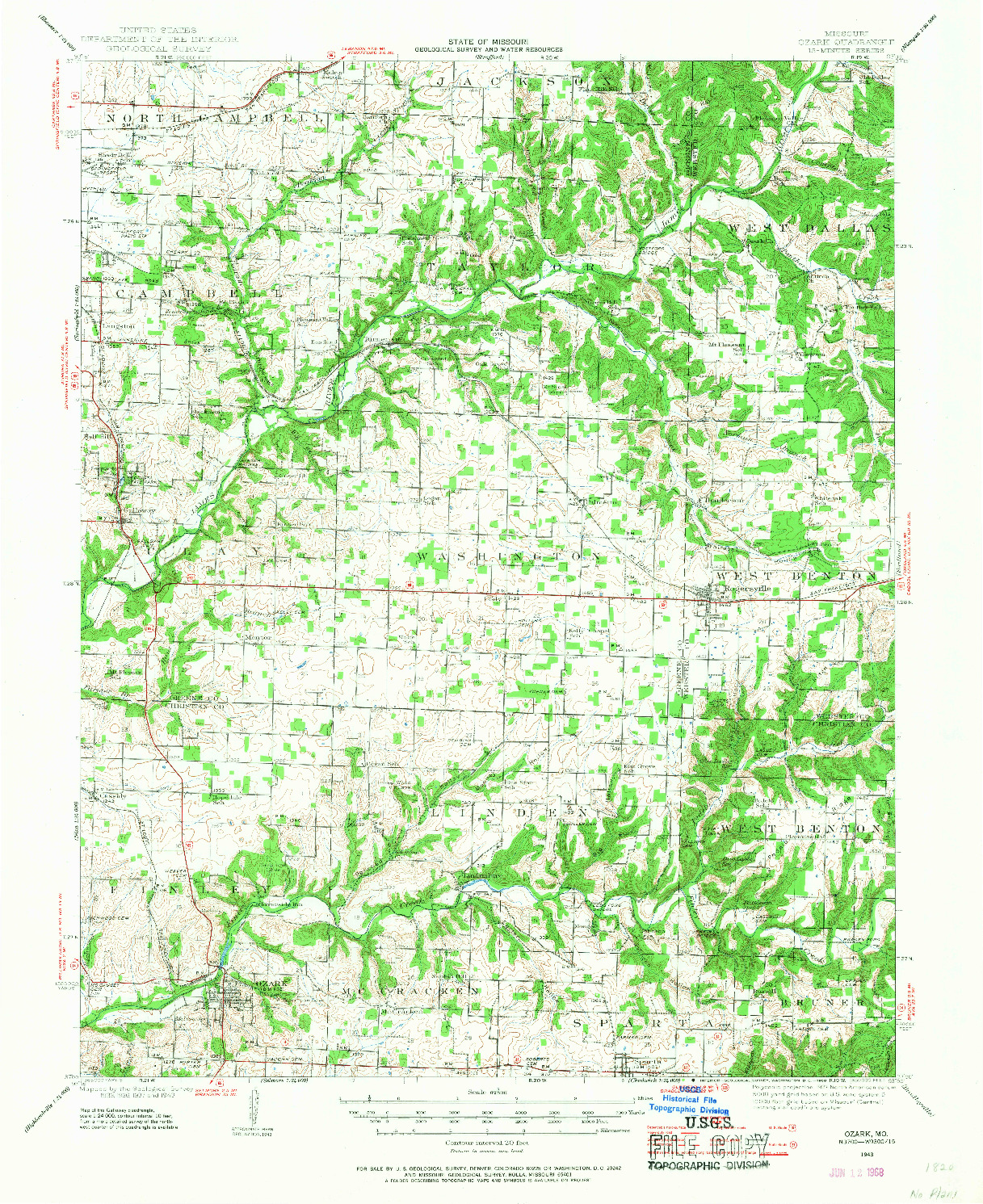 USGS 1:62500-SCALE QUADRANGLE FOR OZARK, MO 1943