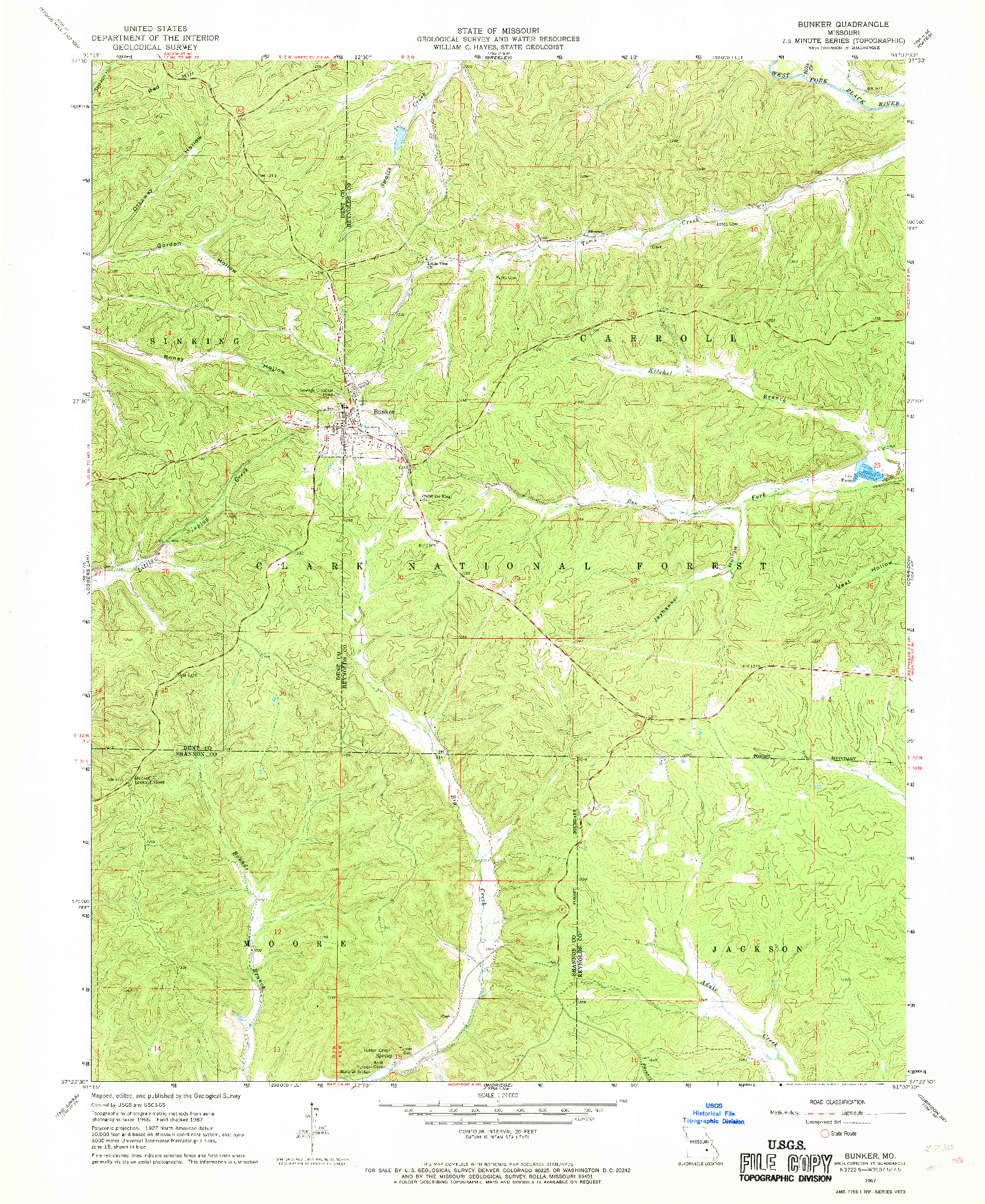 USGS 1:24000-SCALE QUADRANGLE FOR BUNKER, MO 1967