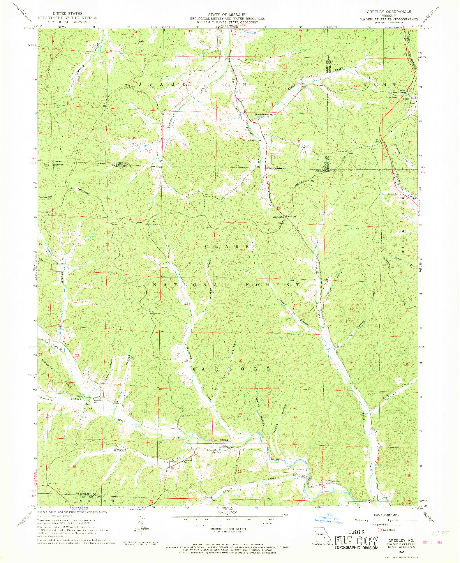 USGS 1:24000-SCALE QUADRANGLE FOR GREELEY, MO 1967