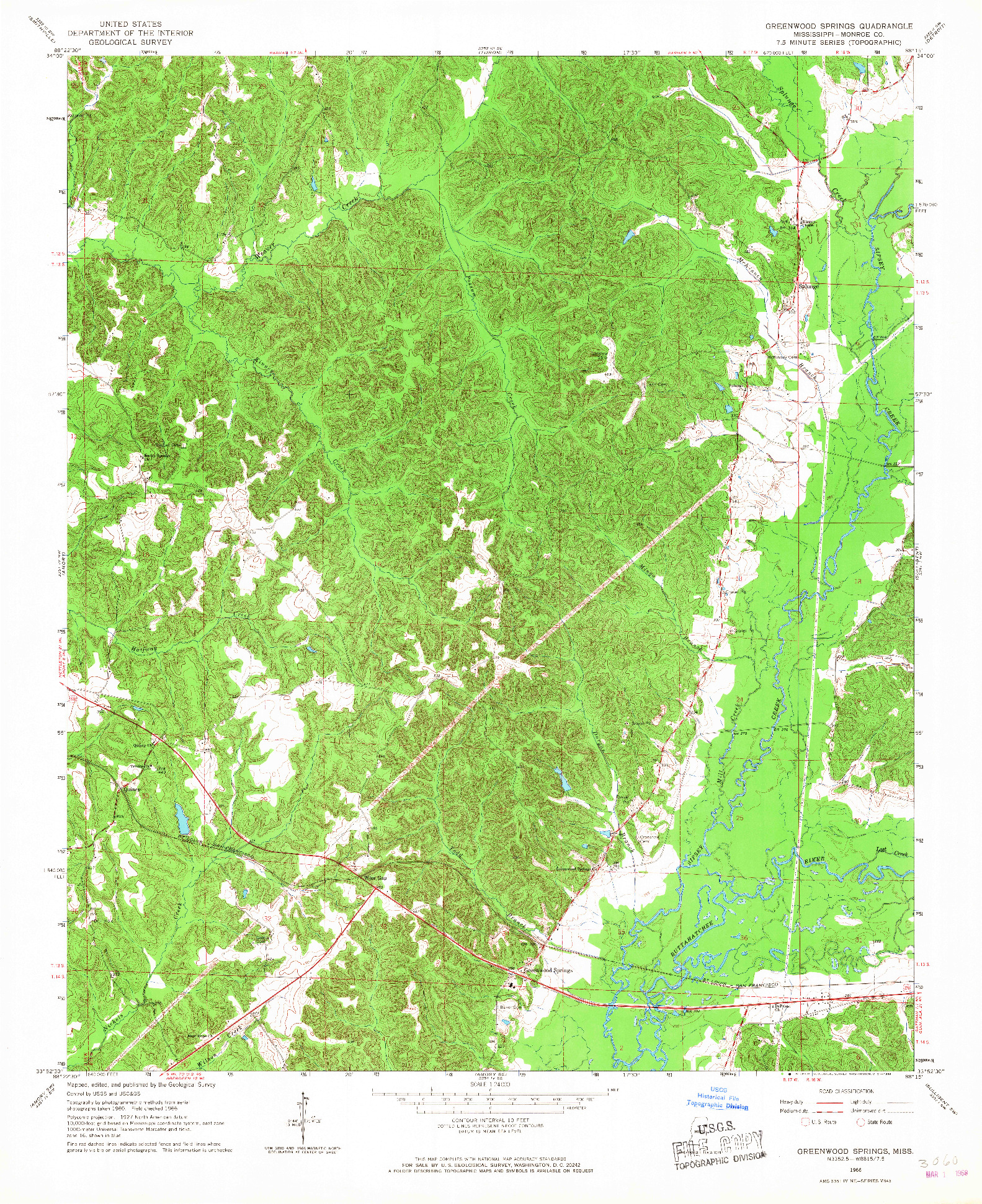 USGS 1:24000-SCALE QUADRANGLE FOR GREENWOOD SPRINGS, MS 1966