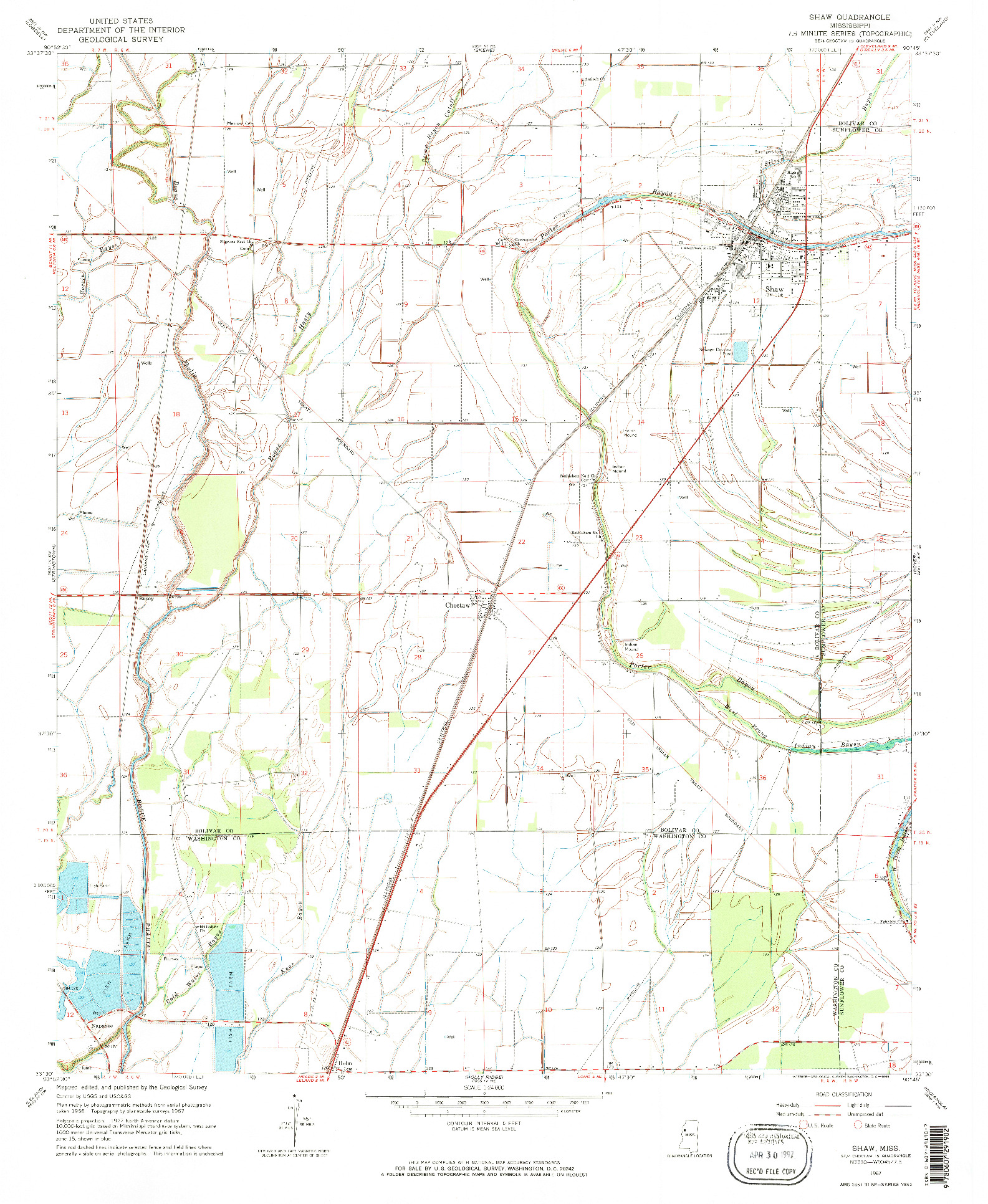 USGS 1:24000-SCALE QUADRANGLE FOR SHAW, MS 1967