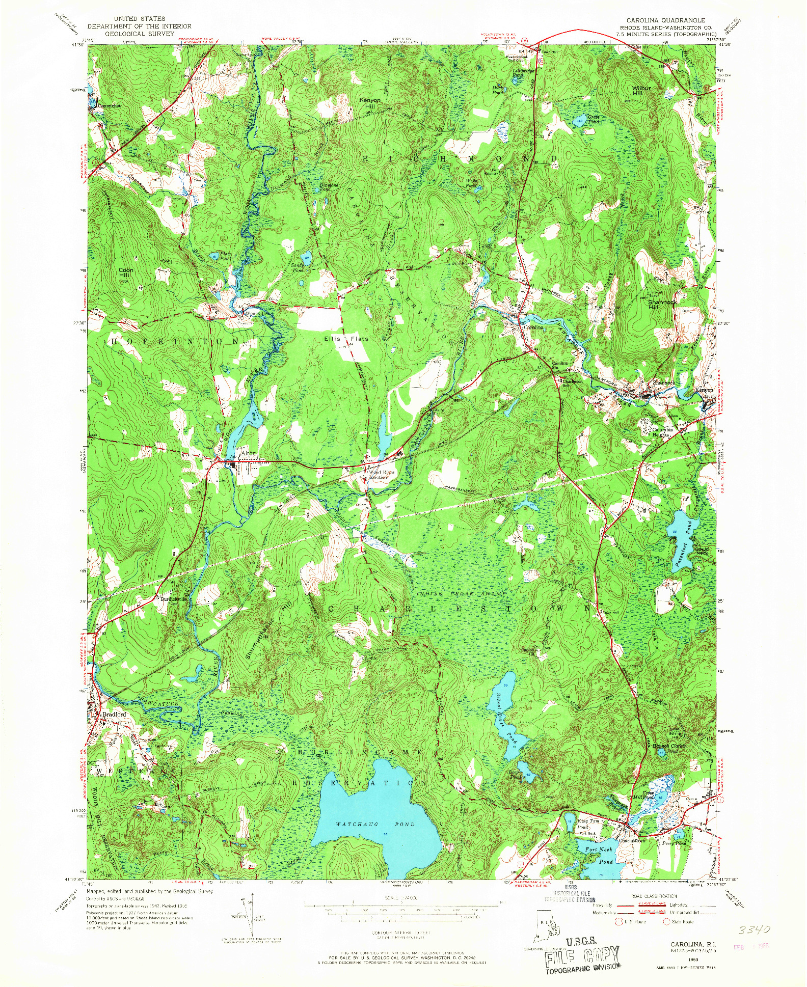 USGS 1:24000-SCALE QUADRANGLE FOR CAROLINA, RI 1953