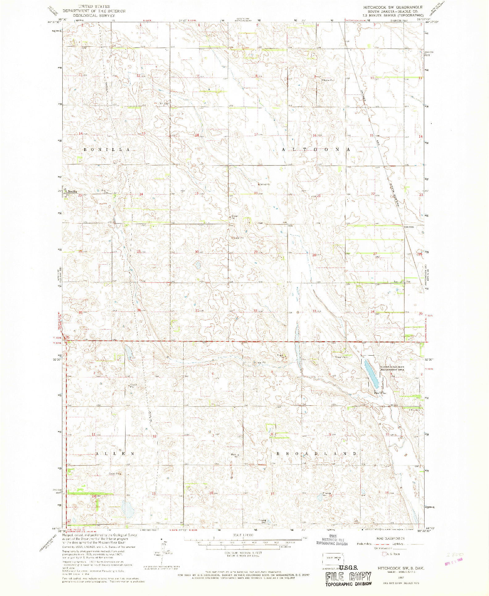 USGS 1:24000-SCALE QUADRANGLE FOR HITCHCOCK SW, SD 1967