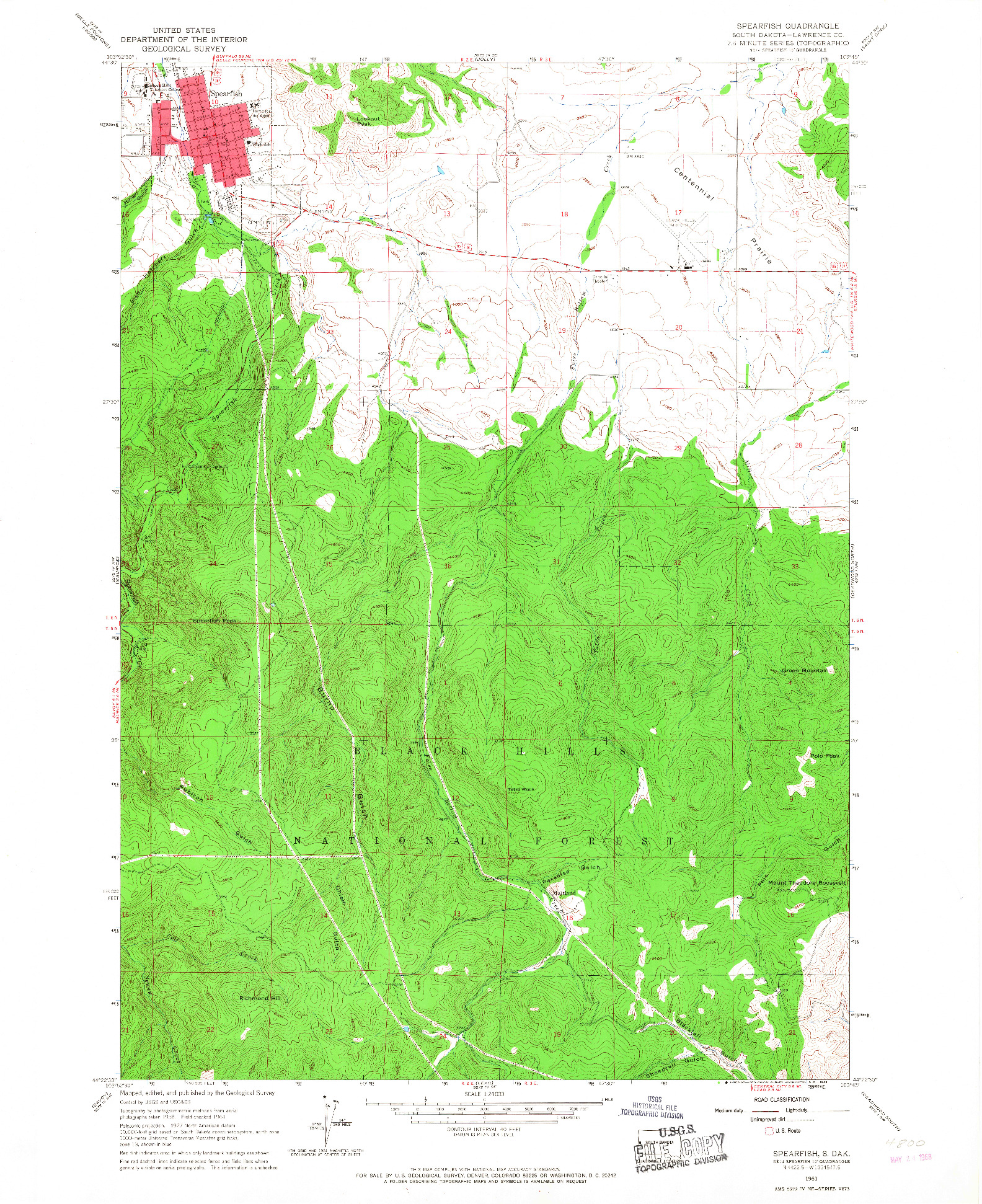 USGS 1:24000-SCALE QUADRANGLE FOR SPEARFISH, SD 1961