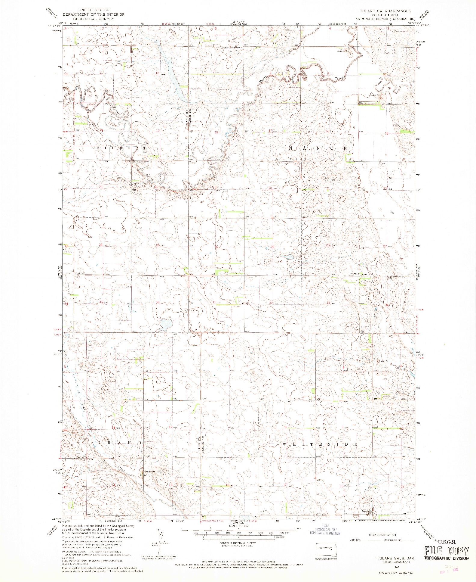 USGS 1:24000-SCALE QUADRANGLE FOR TULARE SW, SD 1967