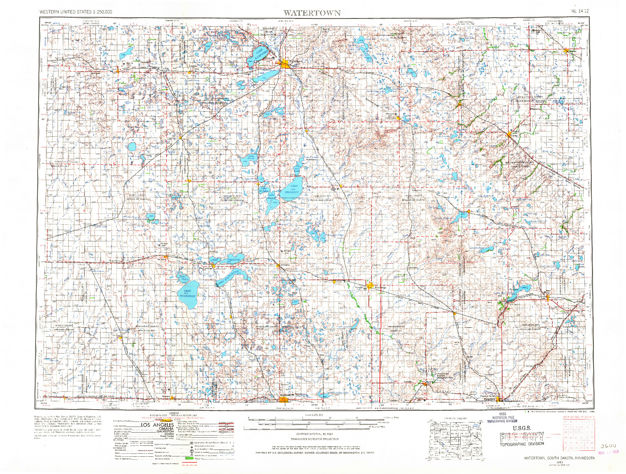 USGS 1:250000-SCALE QUADRANGLE FOR WATERTOWN, SD 1953