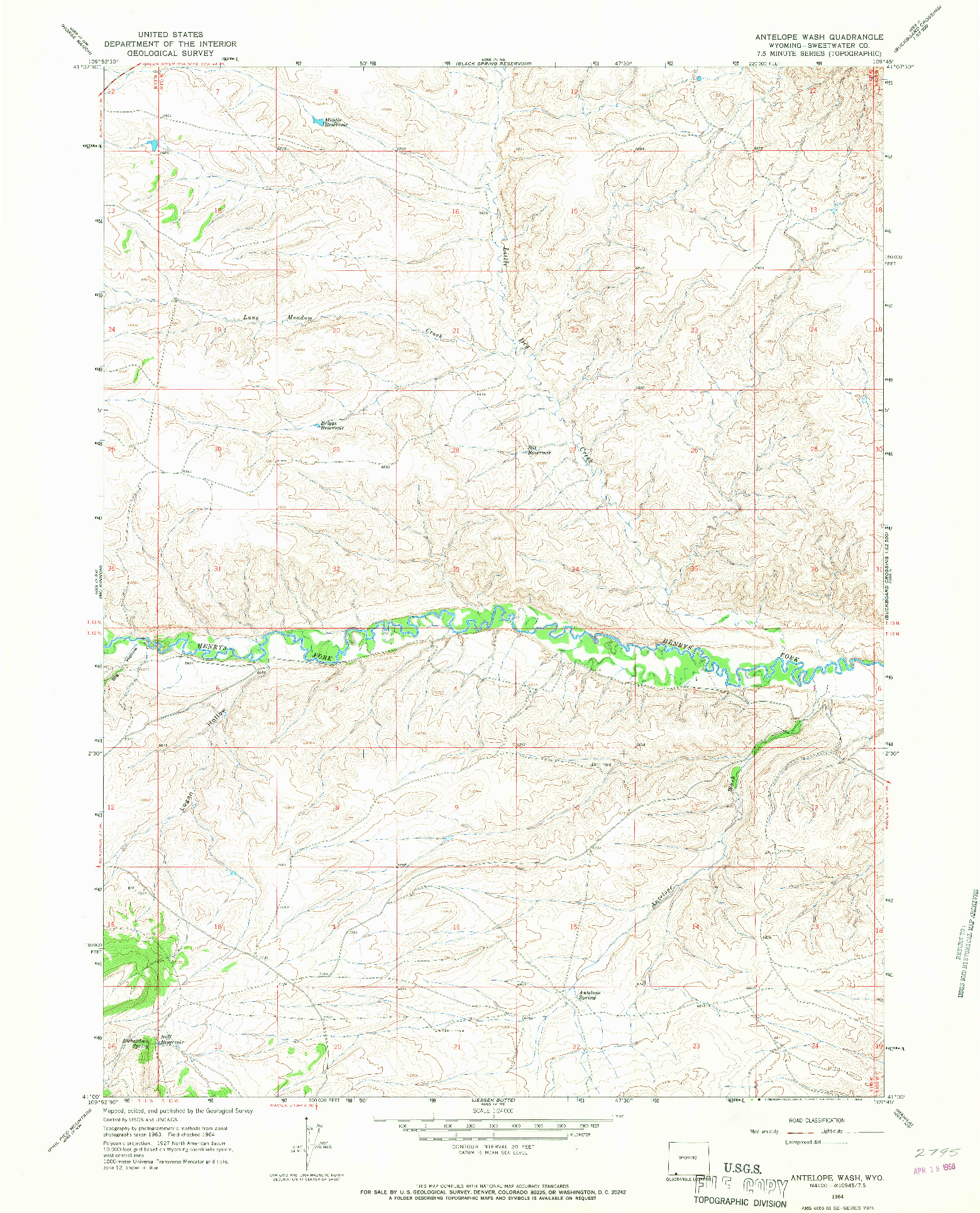 USGS 1:24000-SCALE QUADRANGLE FOR ANTELOPE WASH, WY 1964
