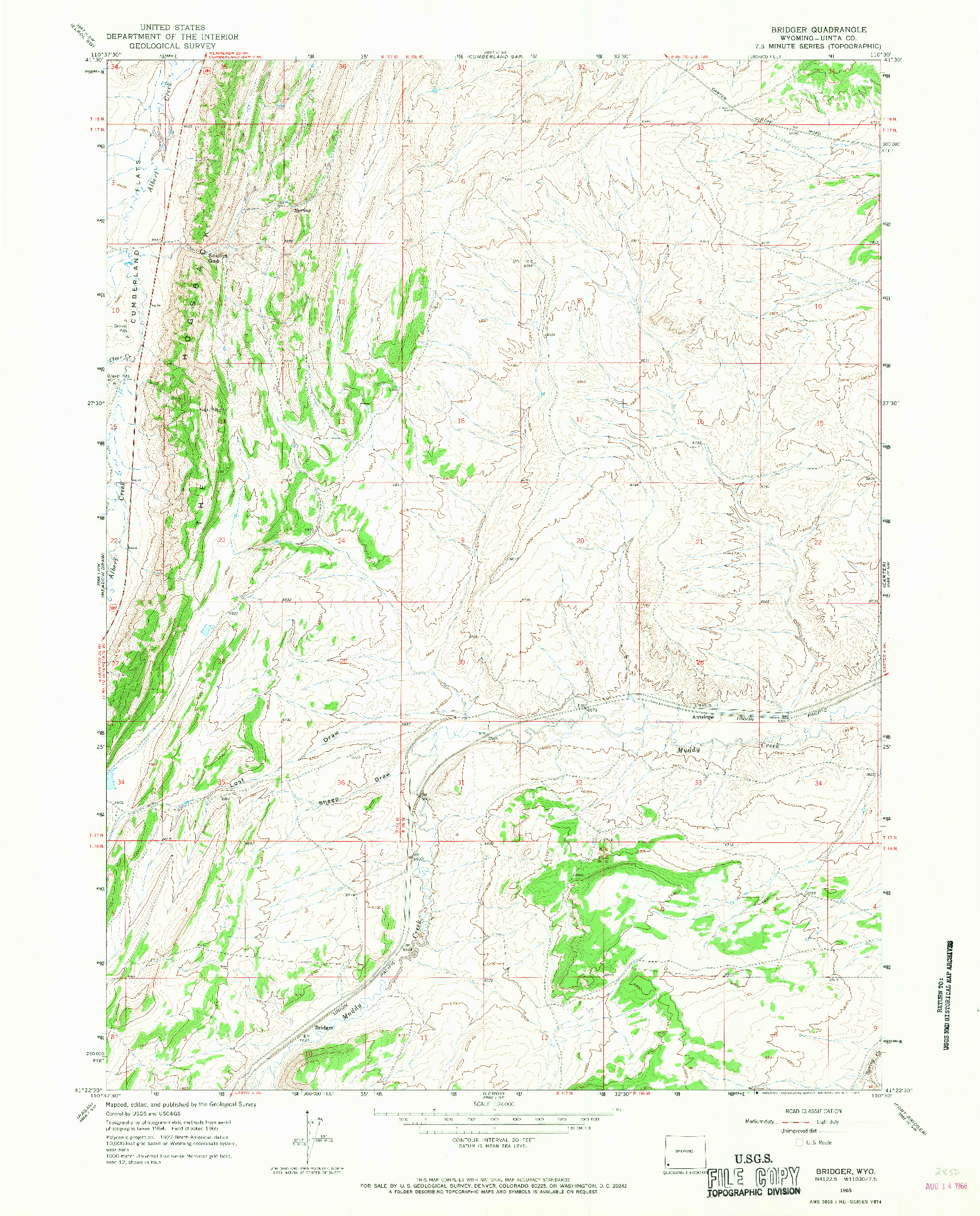 USGS 1:24000-SCALE QUADRANGLE FOR BRIDGER, WY 1965