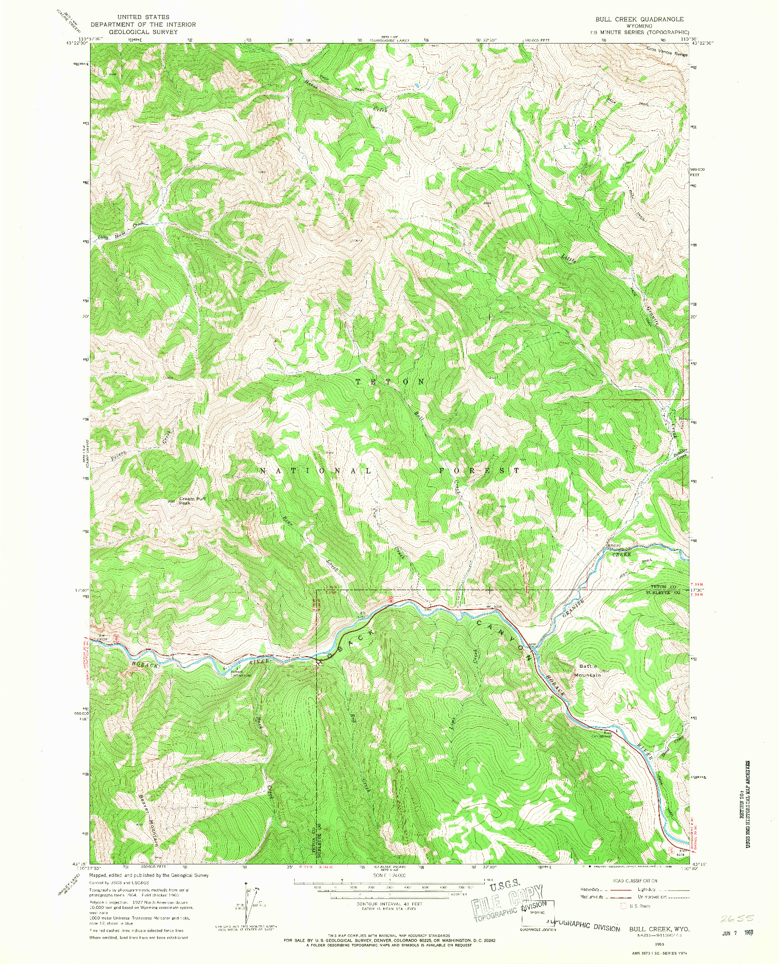 USGS 1:24000-SCALE QUADRANGLE FOR BULL CREEK, WY 1965