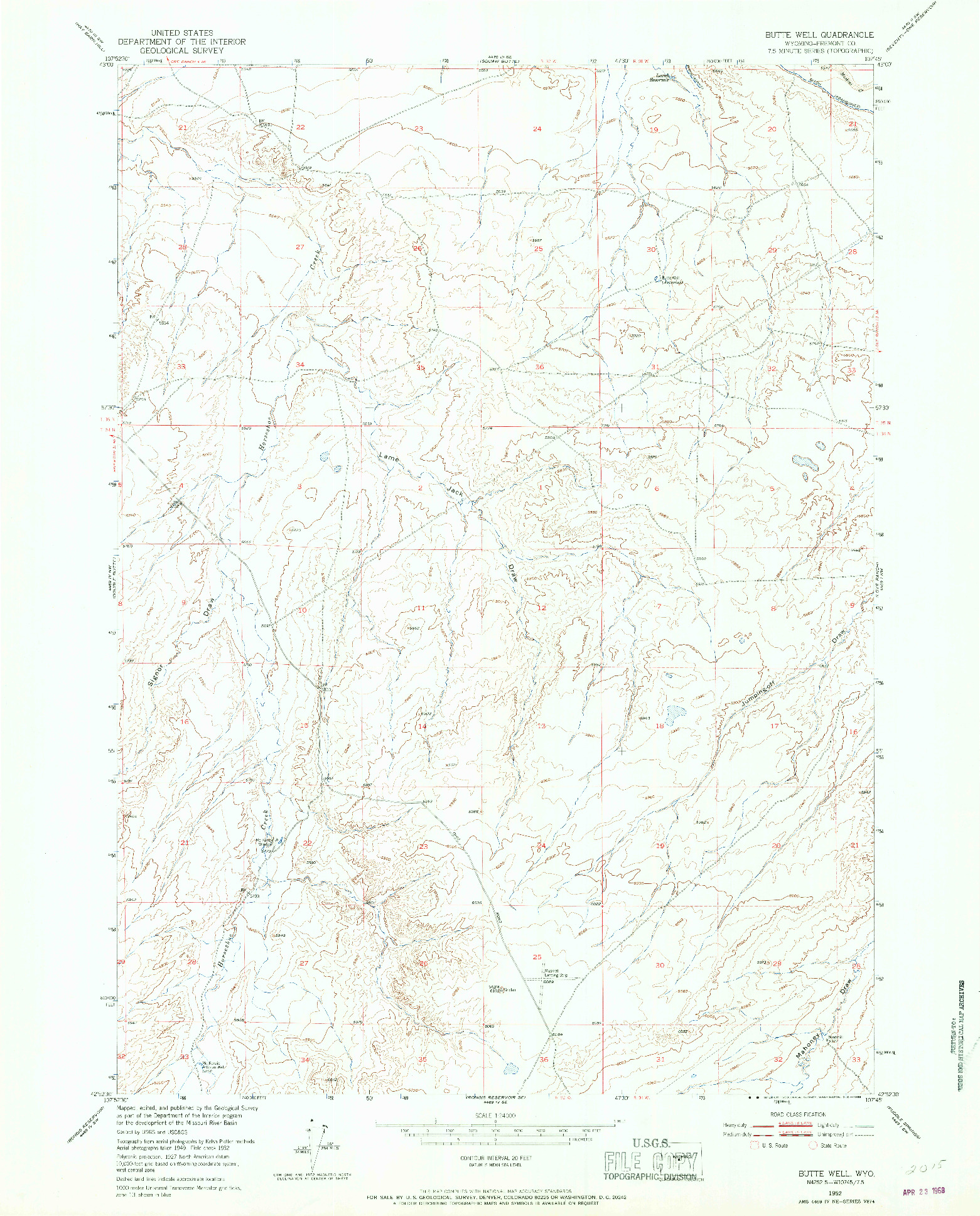 USGS 1:24000-SCALE QUADRANGLE FOR BUTTE WELL, WY 1952